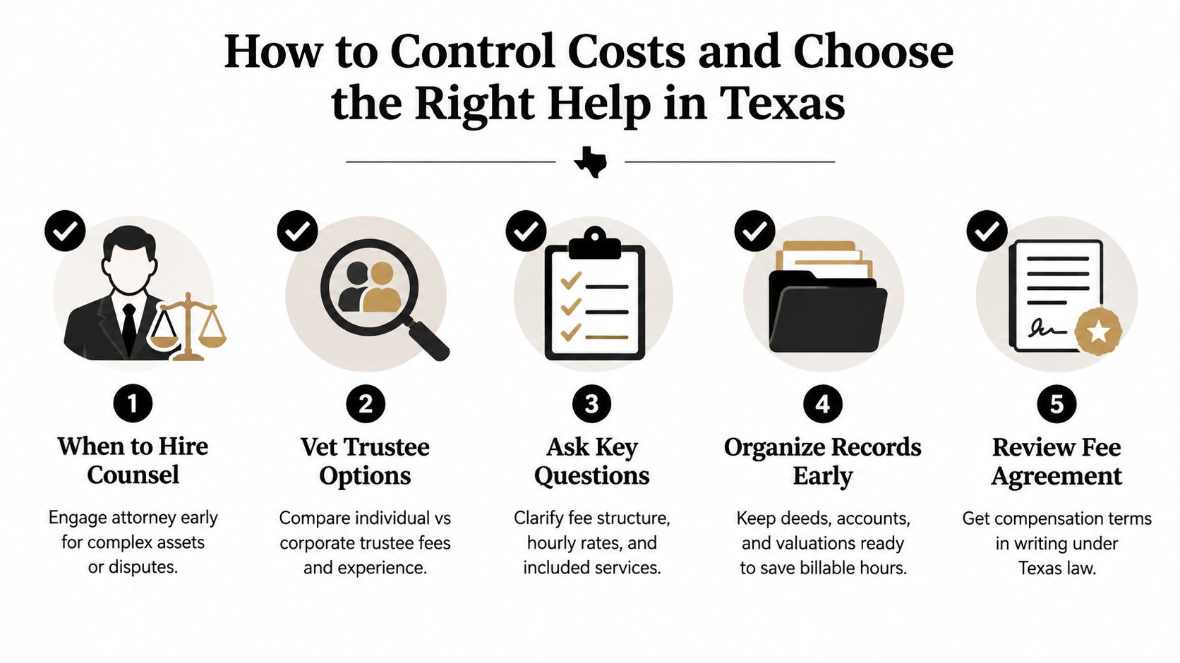 An infographic detailing five essential tips for managing legal costs during trust administration in Texas.