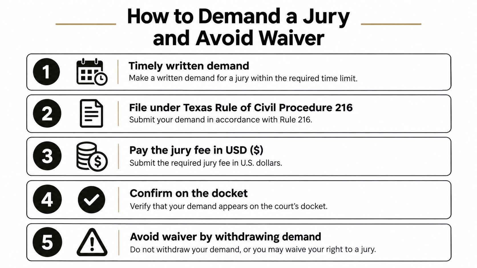 An infographic titled How to Demand a Jury and Avoid Waiver, outlining five steps for legal procedures.