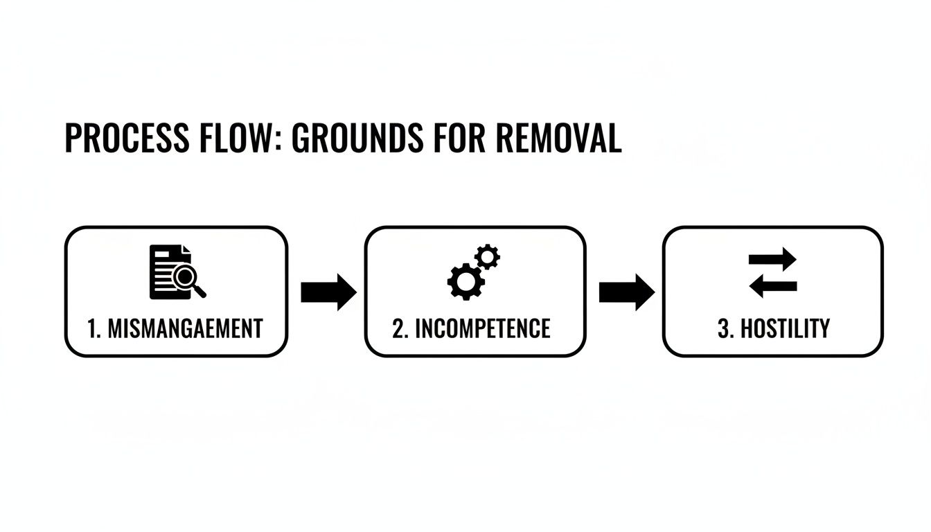 Flowchart showing three grounds for removal: mismanagement, incompetence, and hostility, each with an icon.