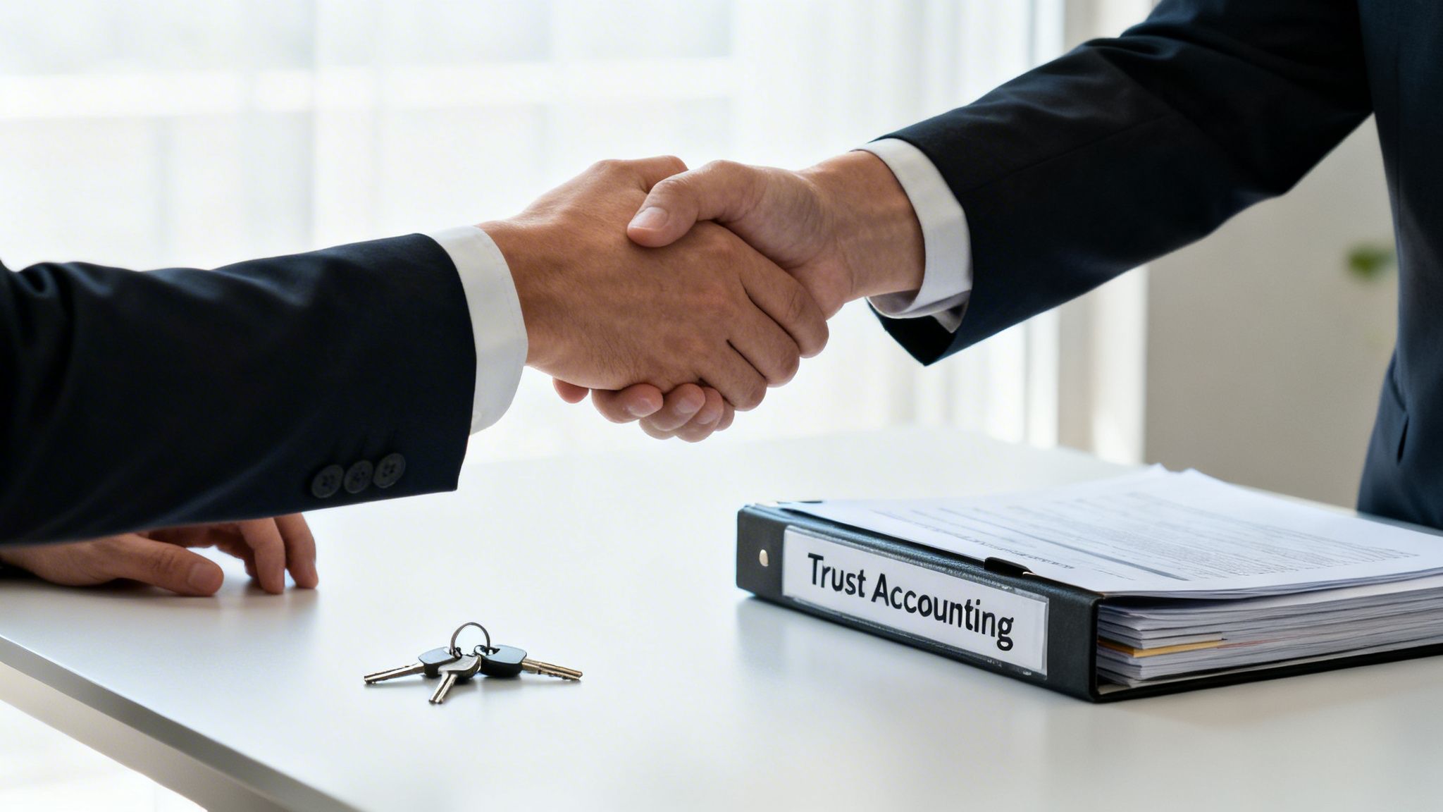 Two businessmen shaking hands over a Trust Accounting binder and keys, signifying a completed deal.