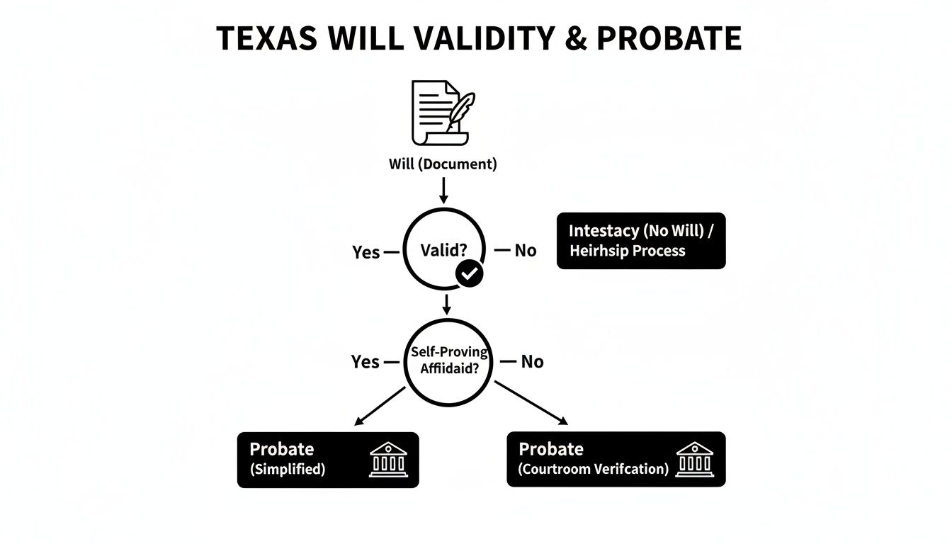 Flowchart showing Texas will validity and probate process, including intestacy and simplified or courtroom verification.