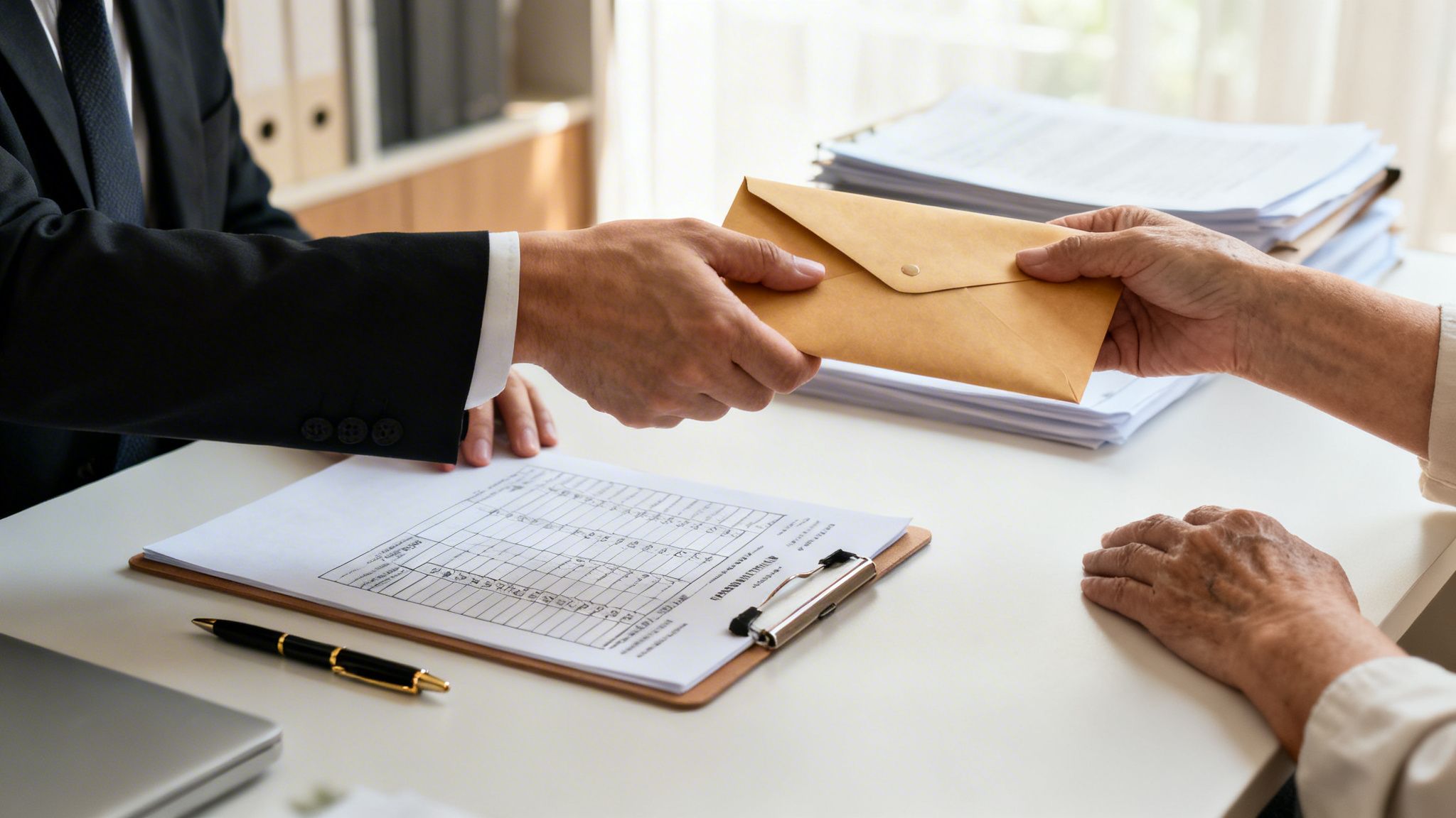A person in a suit hands a brown envelope to an older person across a white desk.