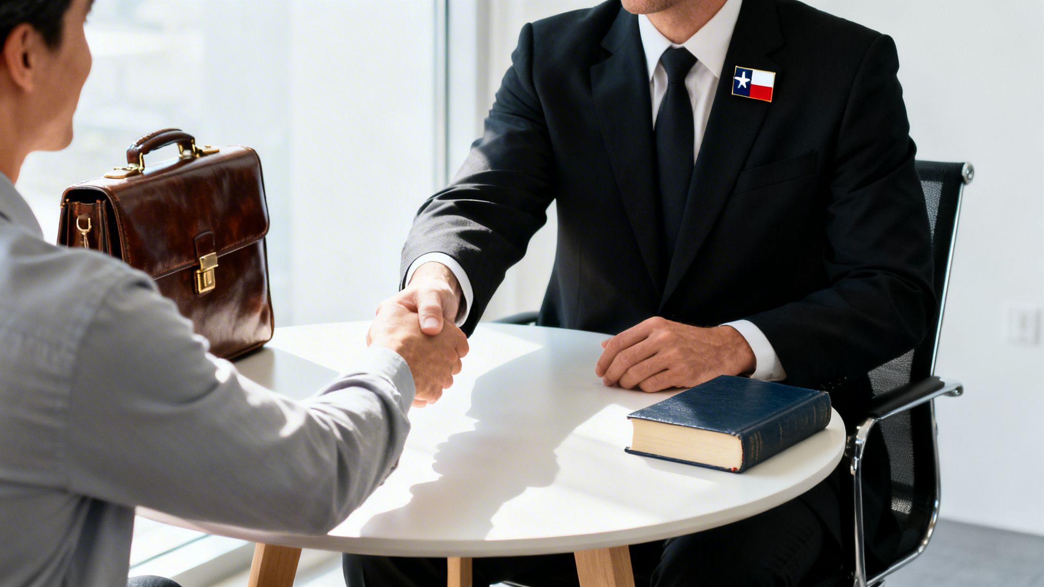 Professional men shaking hands across a table, one with a Texas flag pin, briefcase nearby.