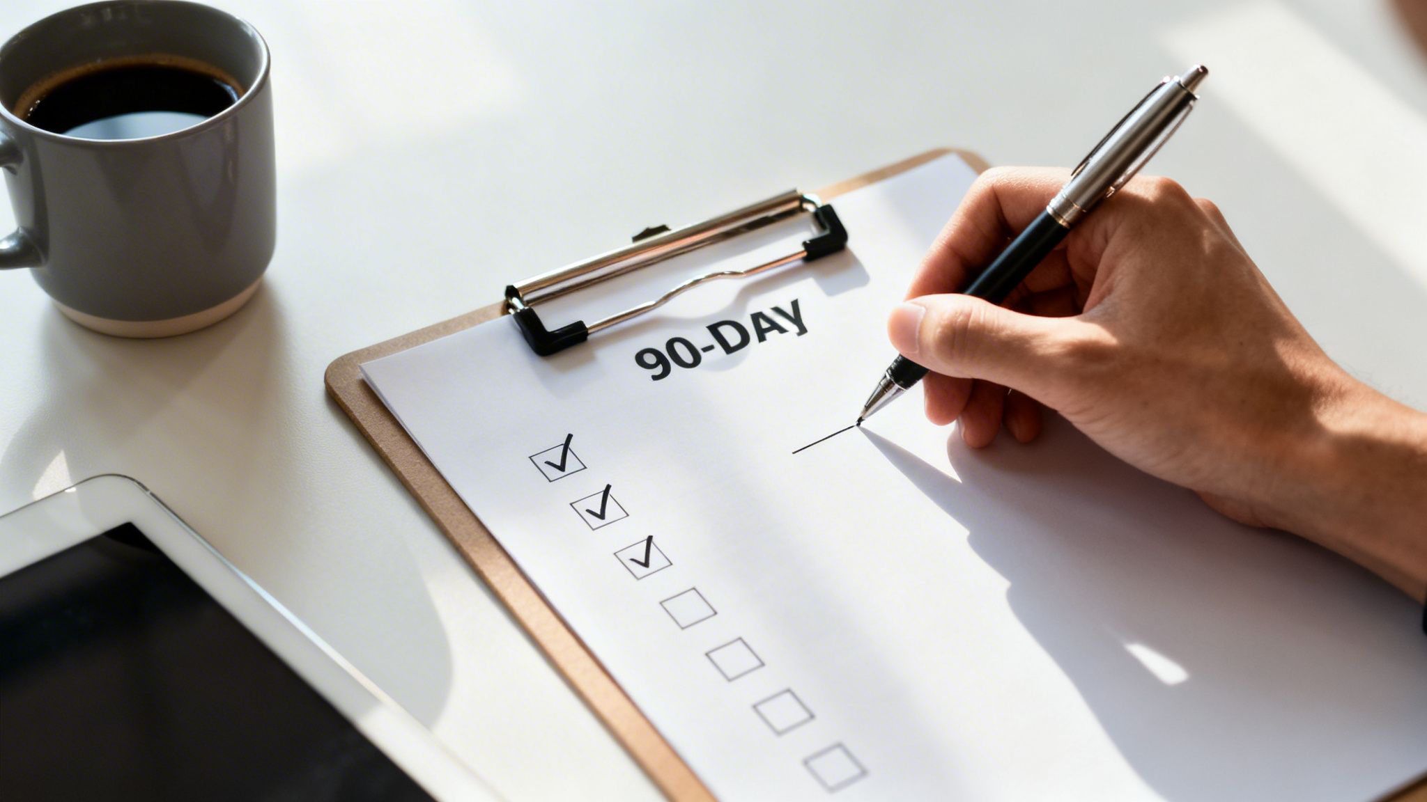 A person's hand marks a 90-day checklist on a clipboard next to a coffee cup and tablet.