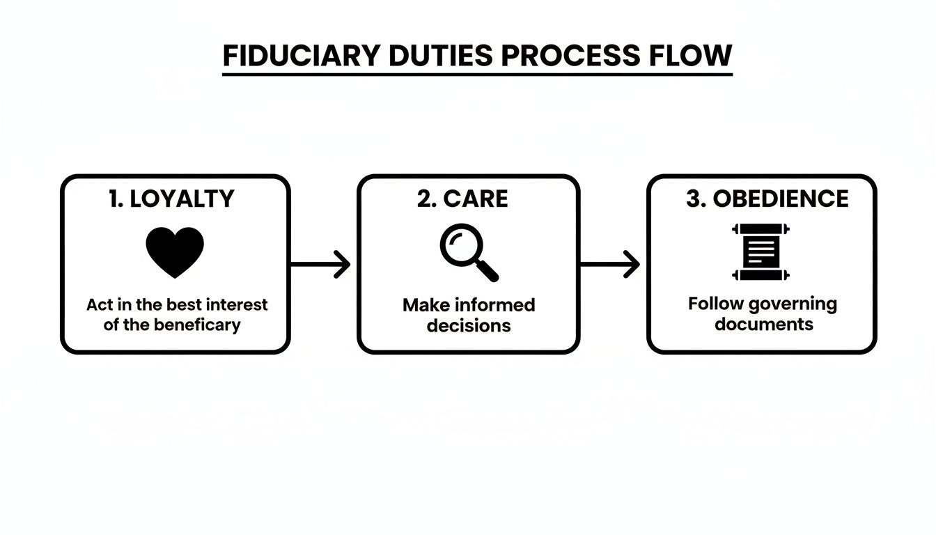 Flowchart showing the three key fiduciary duties: loyalty, care, and obedience, with descriptions.