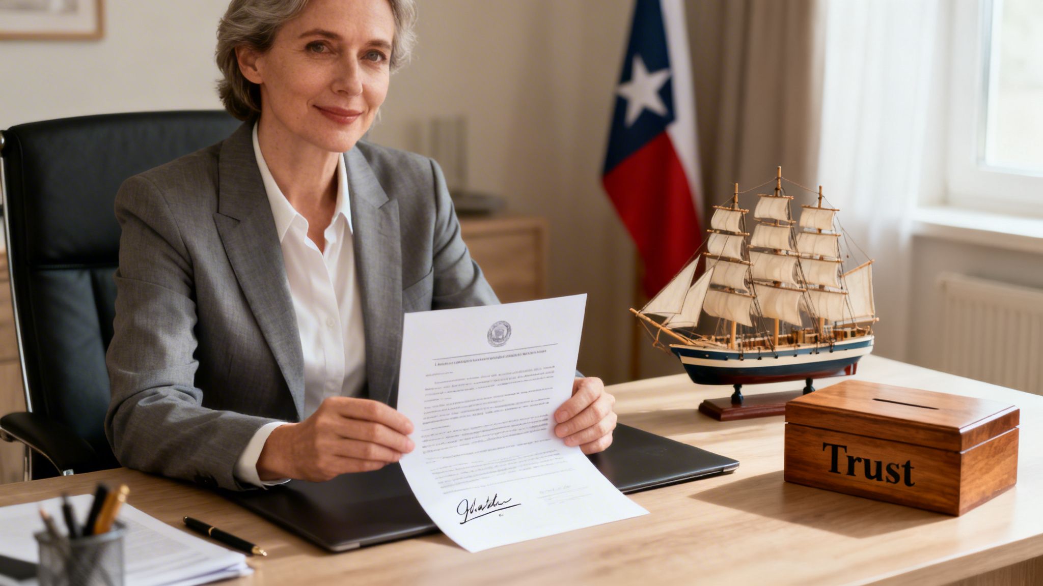 A smiling professional woman in a suit holds a document at a desk with a Texas flag and 'Trust' box.