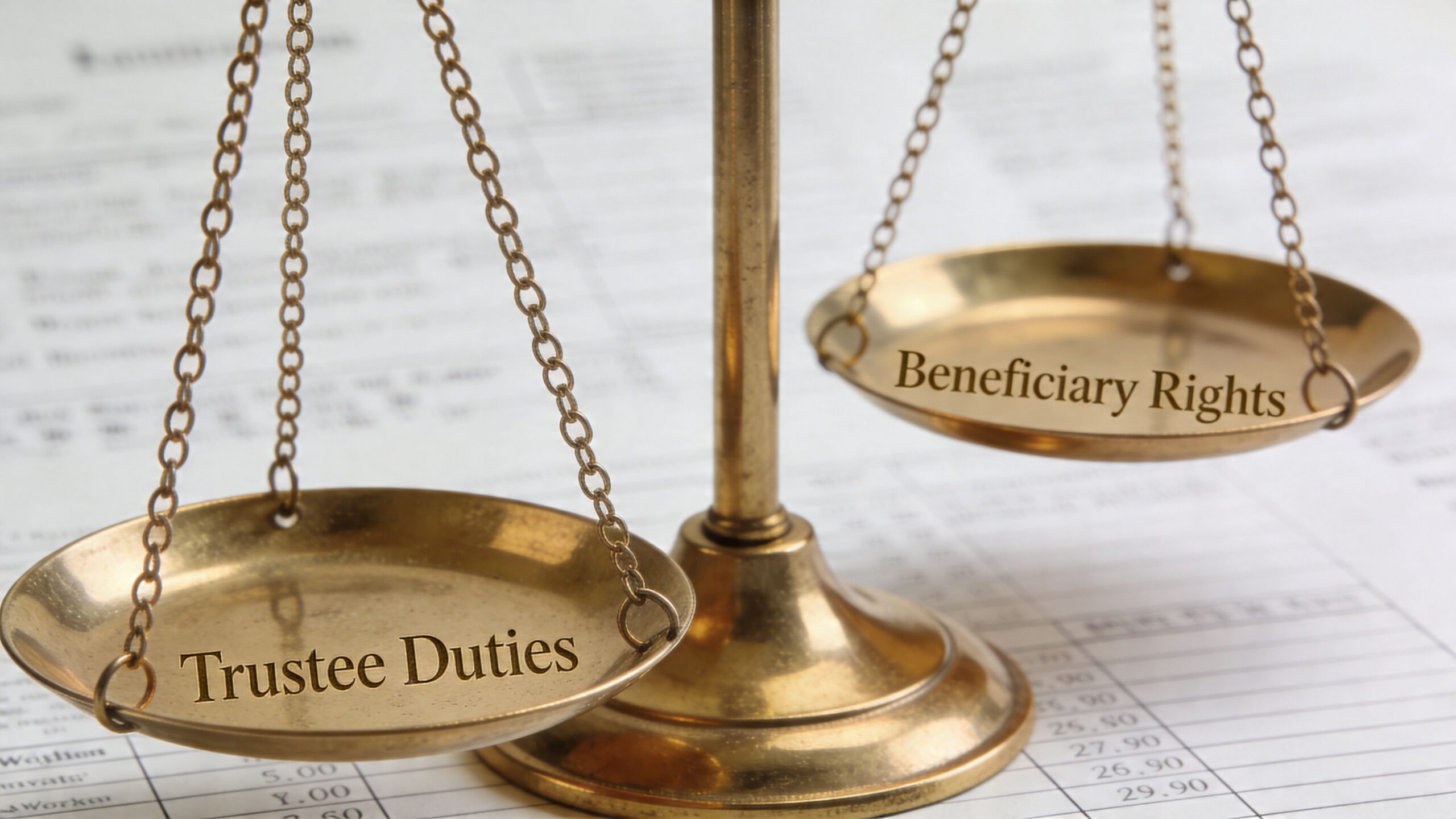A brass scale of justice balancing the concepts of trustee duties and beneficiary rights on a document.