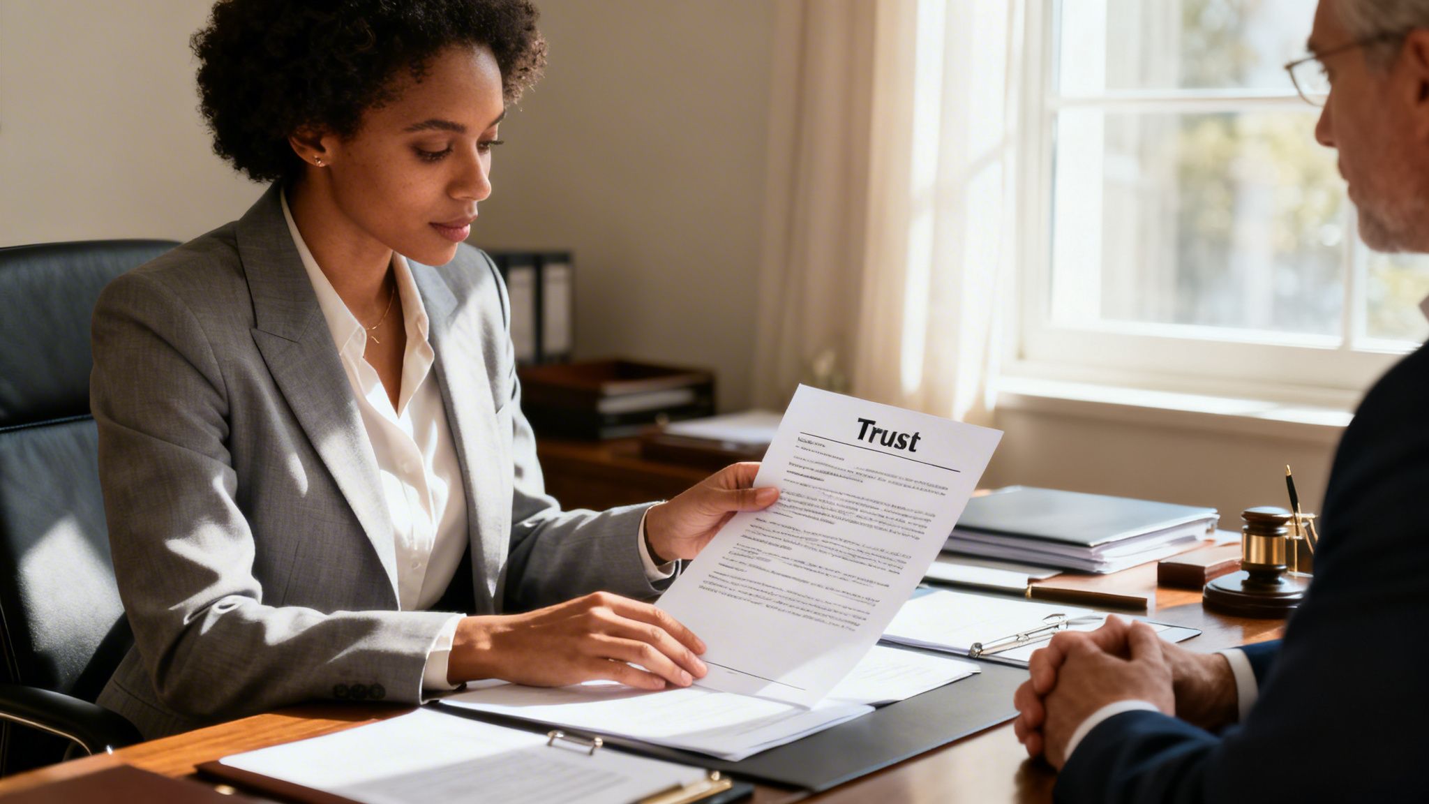A professional lawyer presenting a trust document to her client in a well-lit office setting.