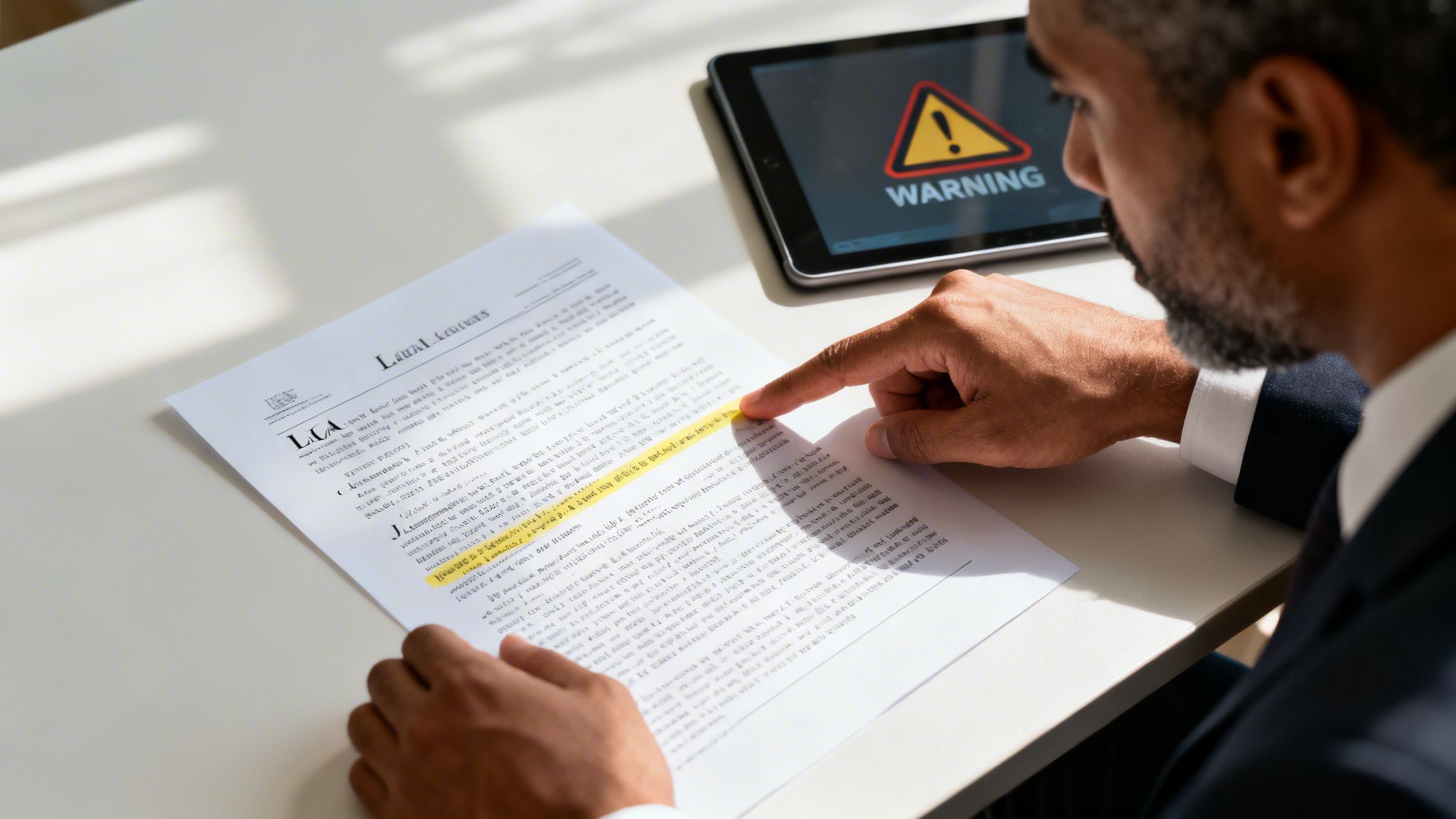A professional man reviewing legal paperwork about beneficiary lawsuits while a warning sign displays on a tablet screen.