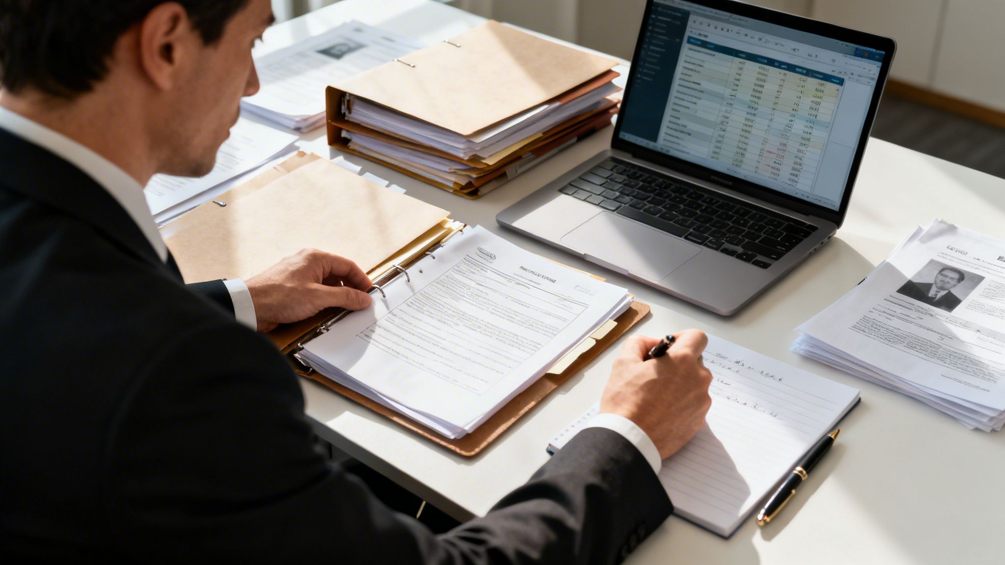 A professional man in a suit working at a desk reviewing legal documents and computer data.