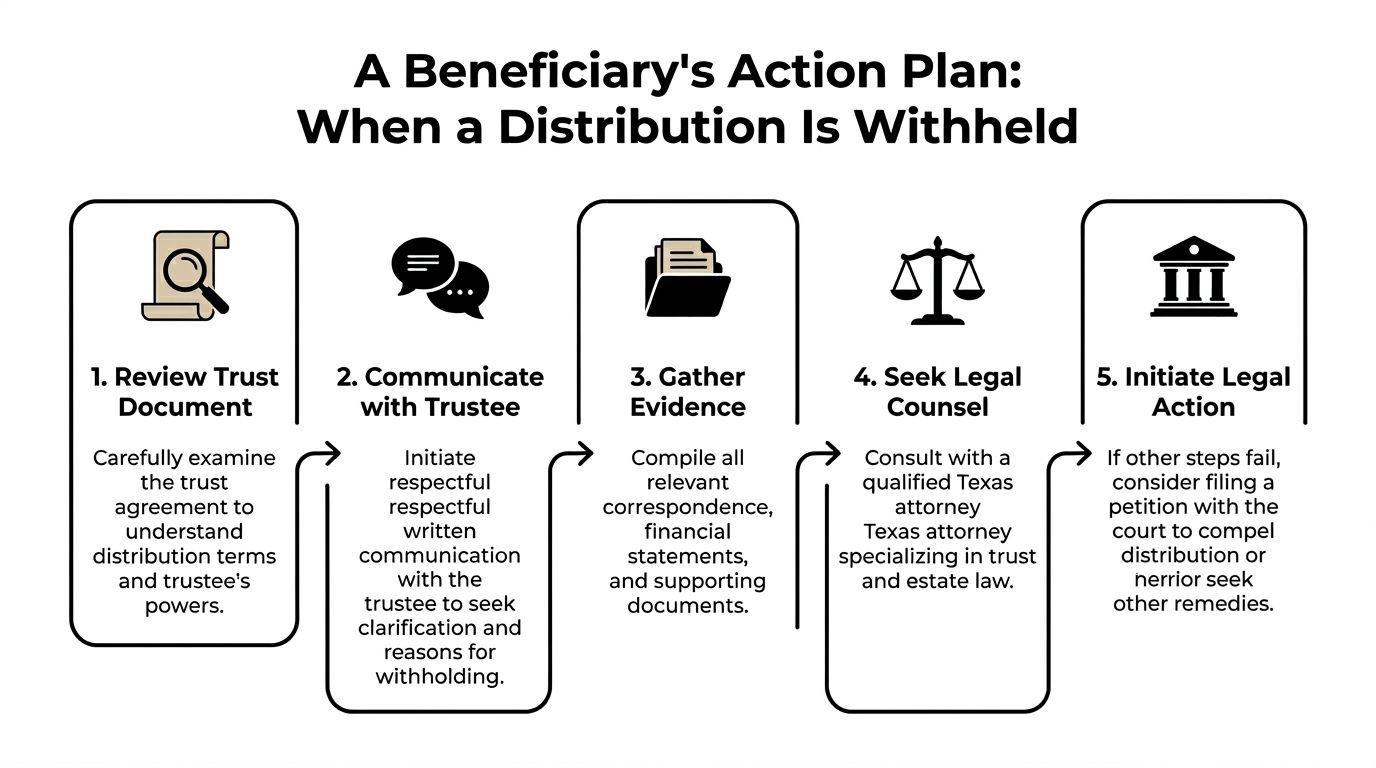 A flowchart outlining five essential steps for a trust beneficiary when a distribution is being withheld.