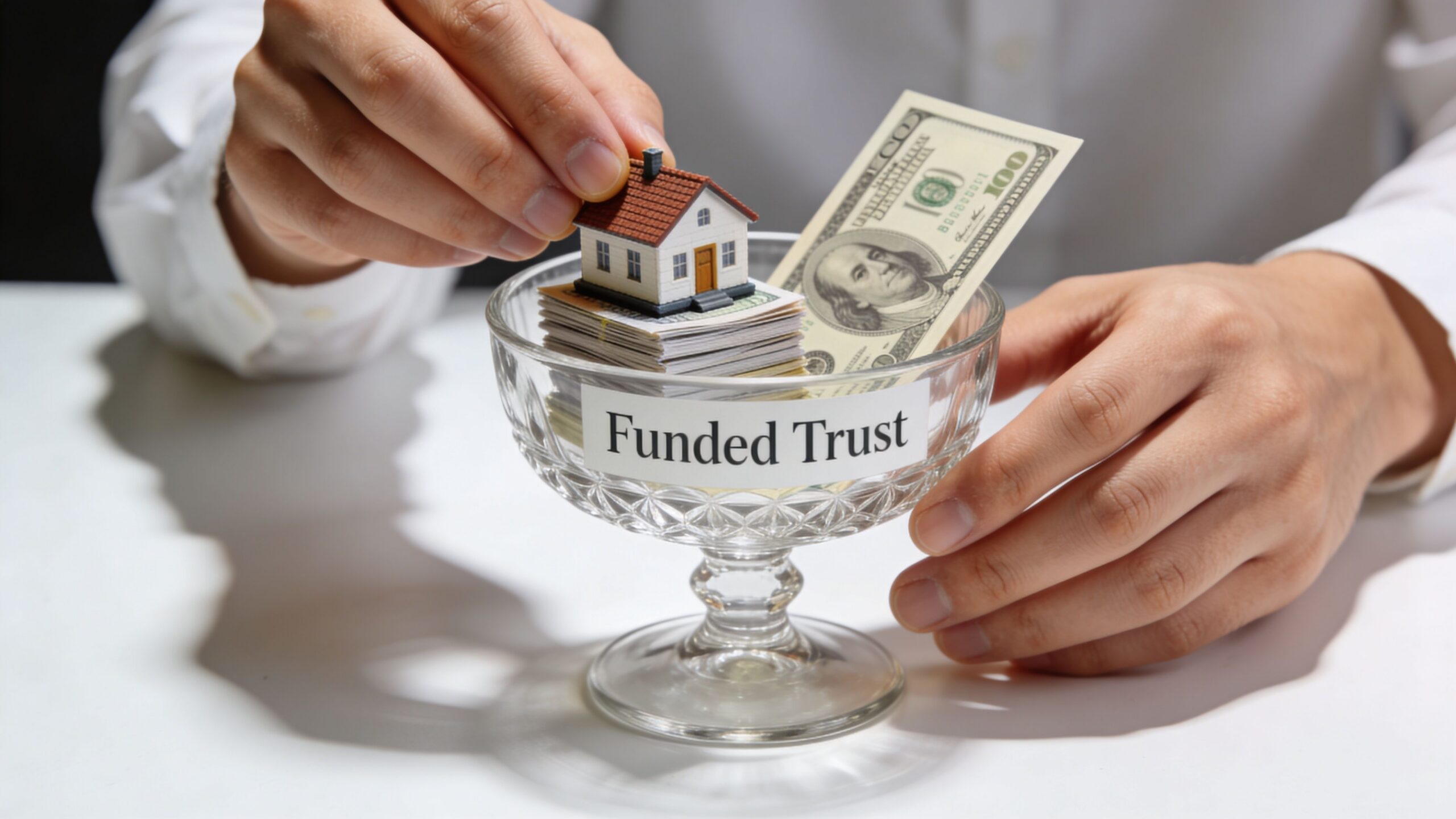 A person placing a small house model on top of a stack of cash inside a glass bowl labeled Funded Trust.
