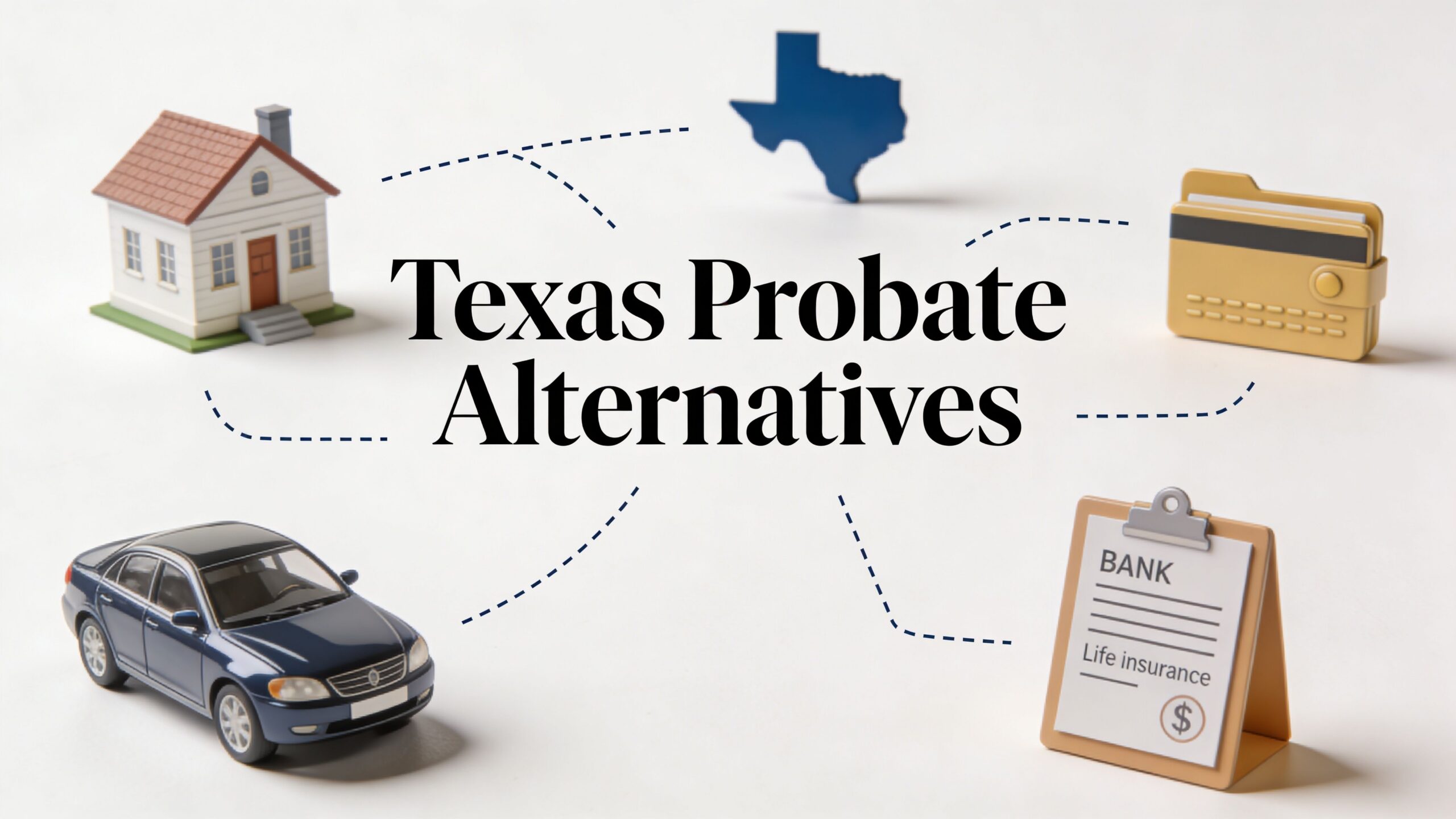 A conceptual image illustrating various assets like a house, car, and financial documents related to Texas probate alternatives.