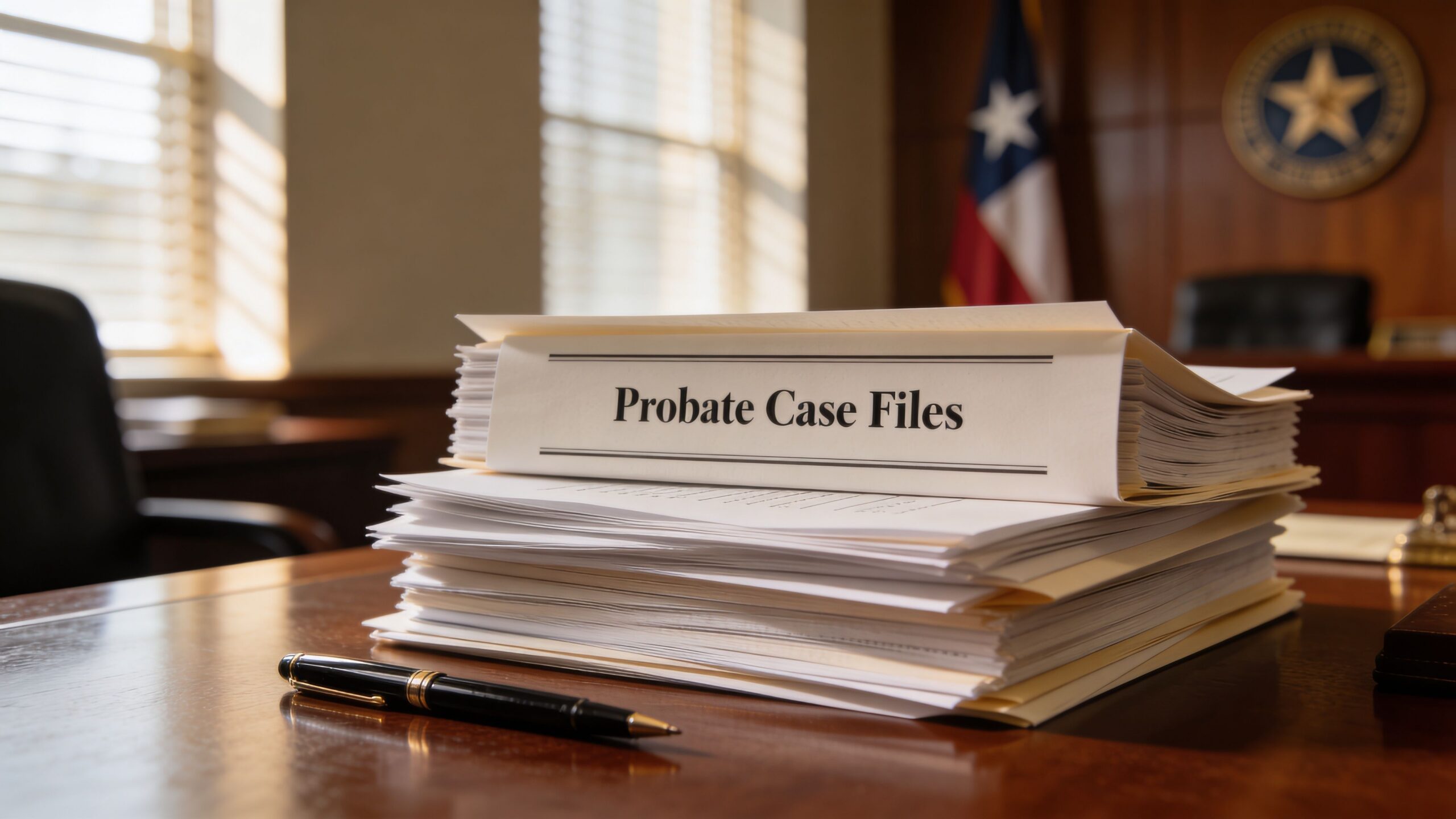 A stack of probate case files rests on a polished wooden desk in a courtroom setting.