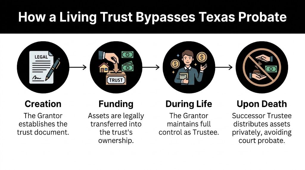 A four-step infographic explaining how a living trust bypasses the probate court process in Texas.