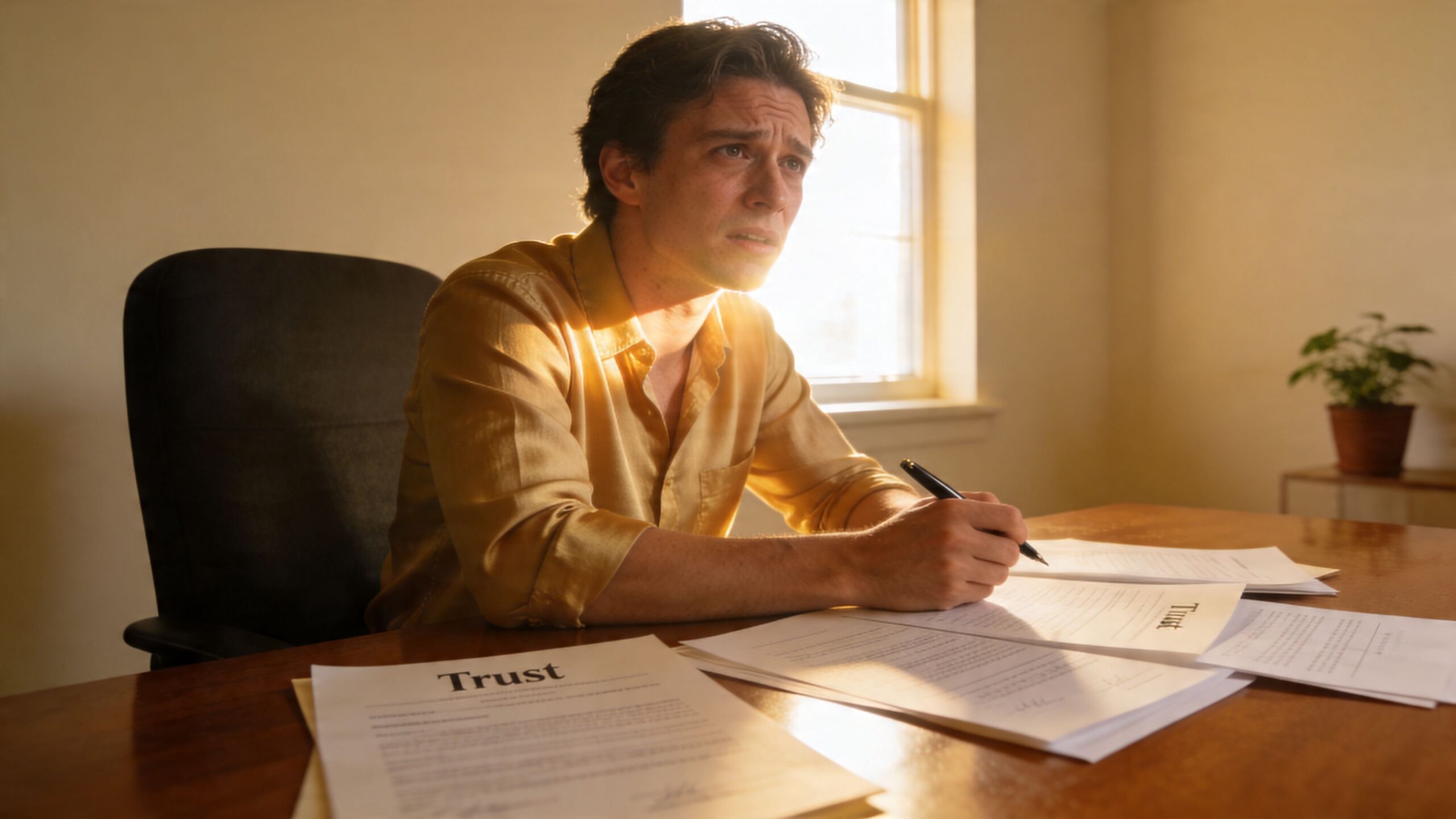 A man in a tan shirt sits at a desk signing formal trust documents in a sunlit office.