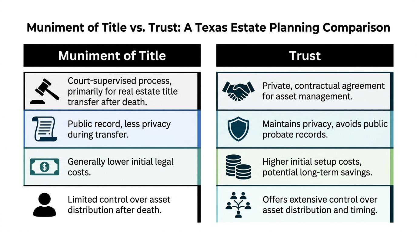 A comparison chart outlining key differences between Muniment of Title and Trusts in Texas estate planning.