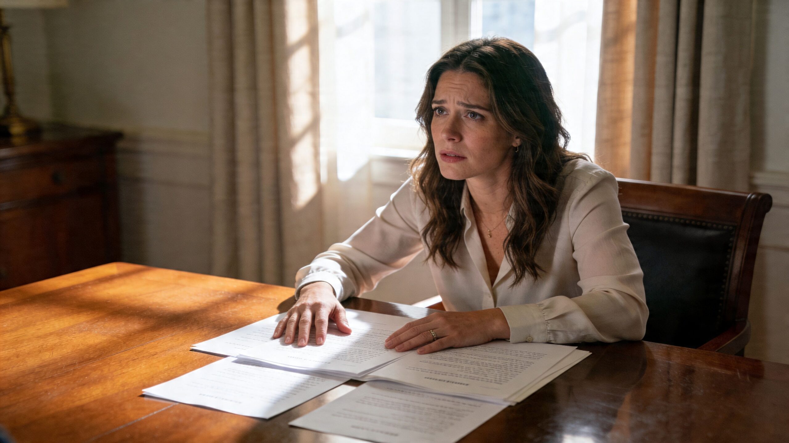 A woman in a cream shirt looking worried while reviewing legal documents at a wooden desk.