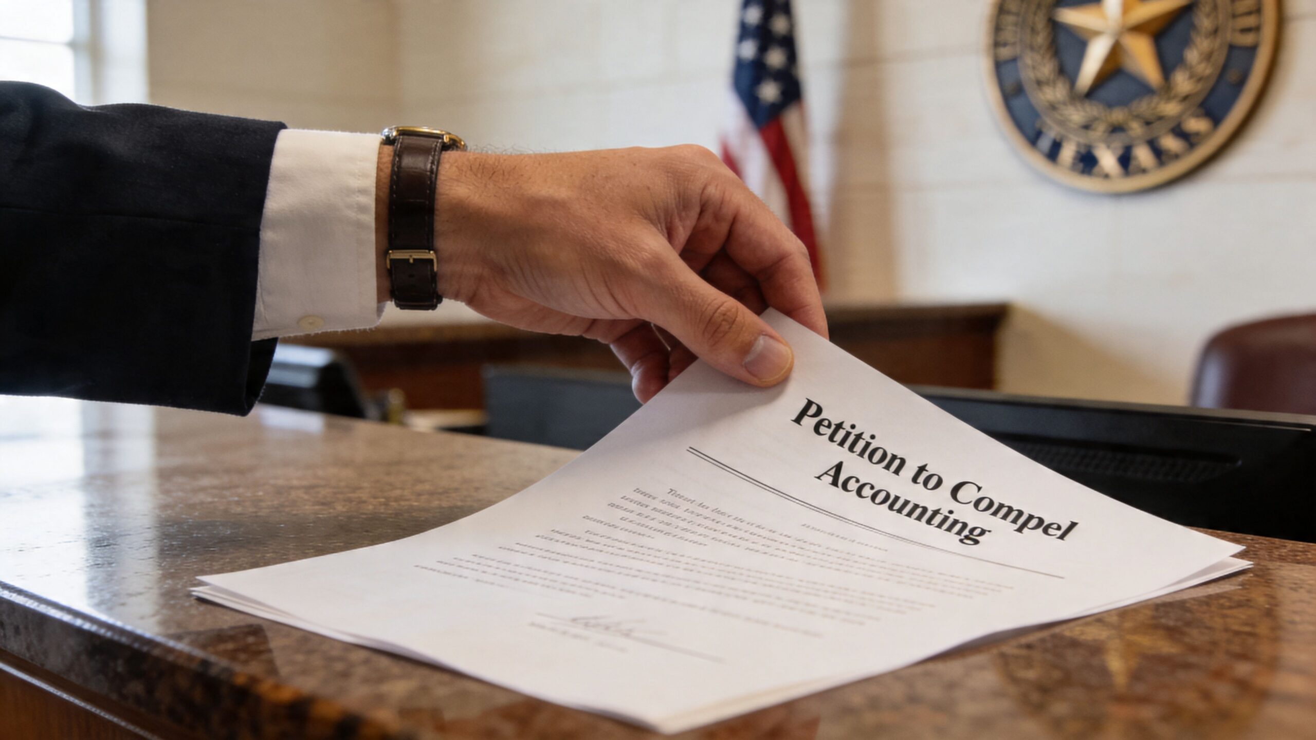 A legal professional handing over a document titled Petition to Compel Accounting at a Texas courtroom.