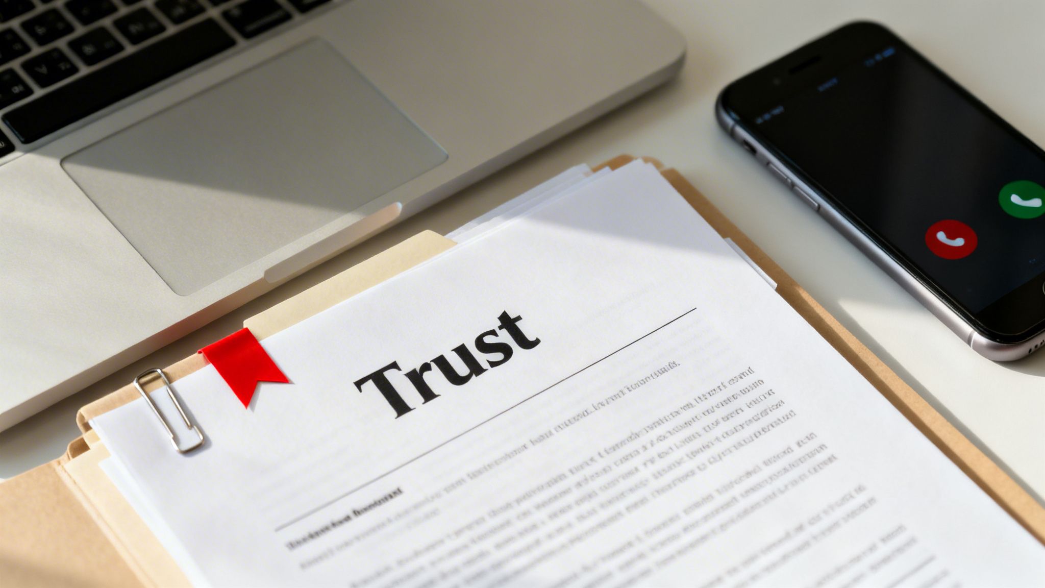 Document titled 'Trust' in a folder with a red bookmark, next to a laptop and smartphone.