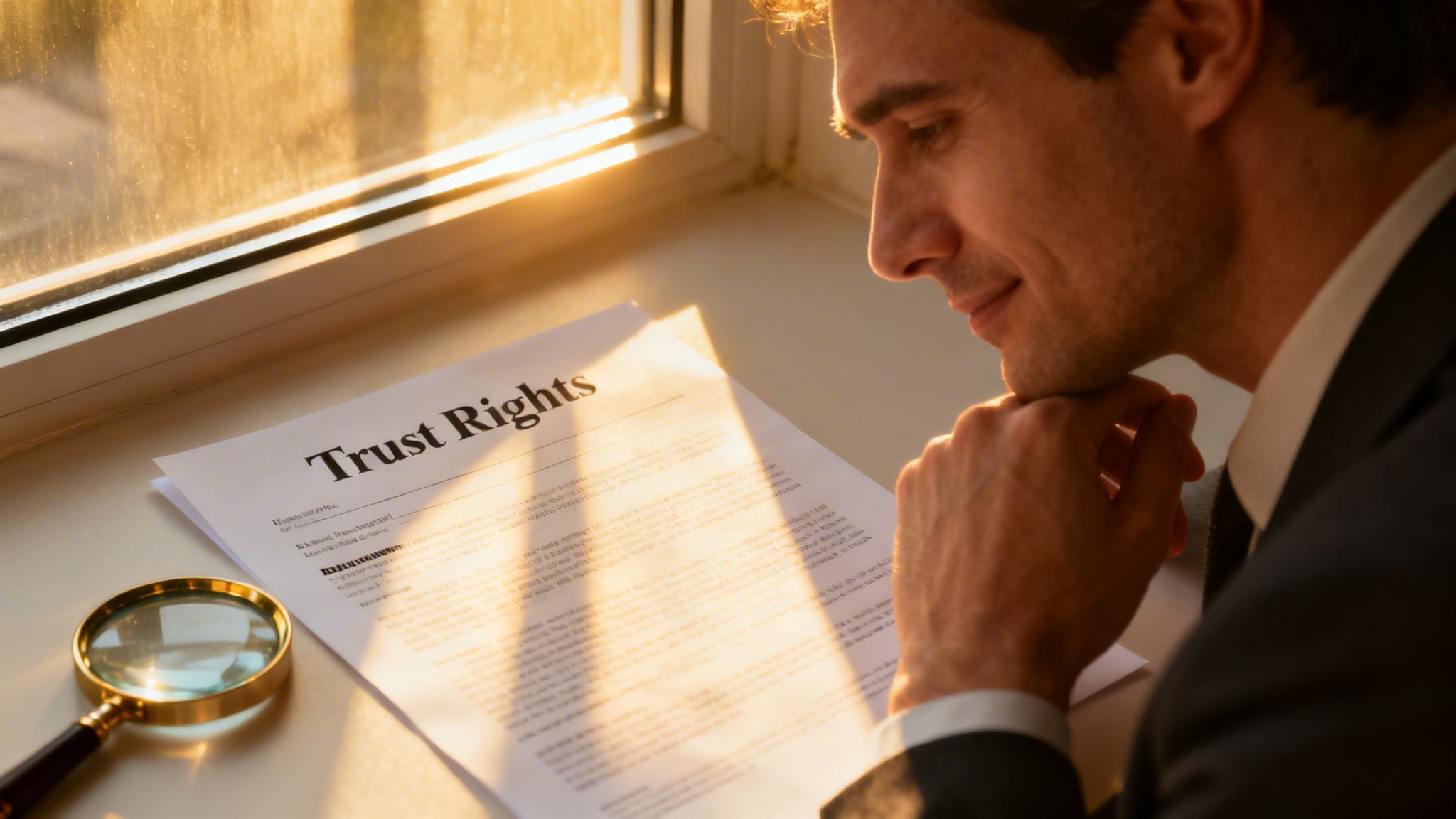 A professional man in a suit looking at a Trust Rights legal document next to a magnifying glass.