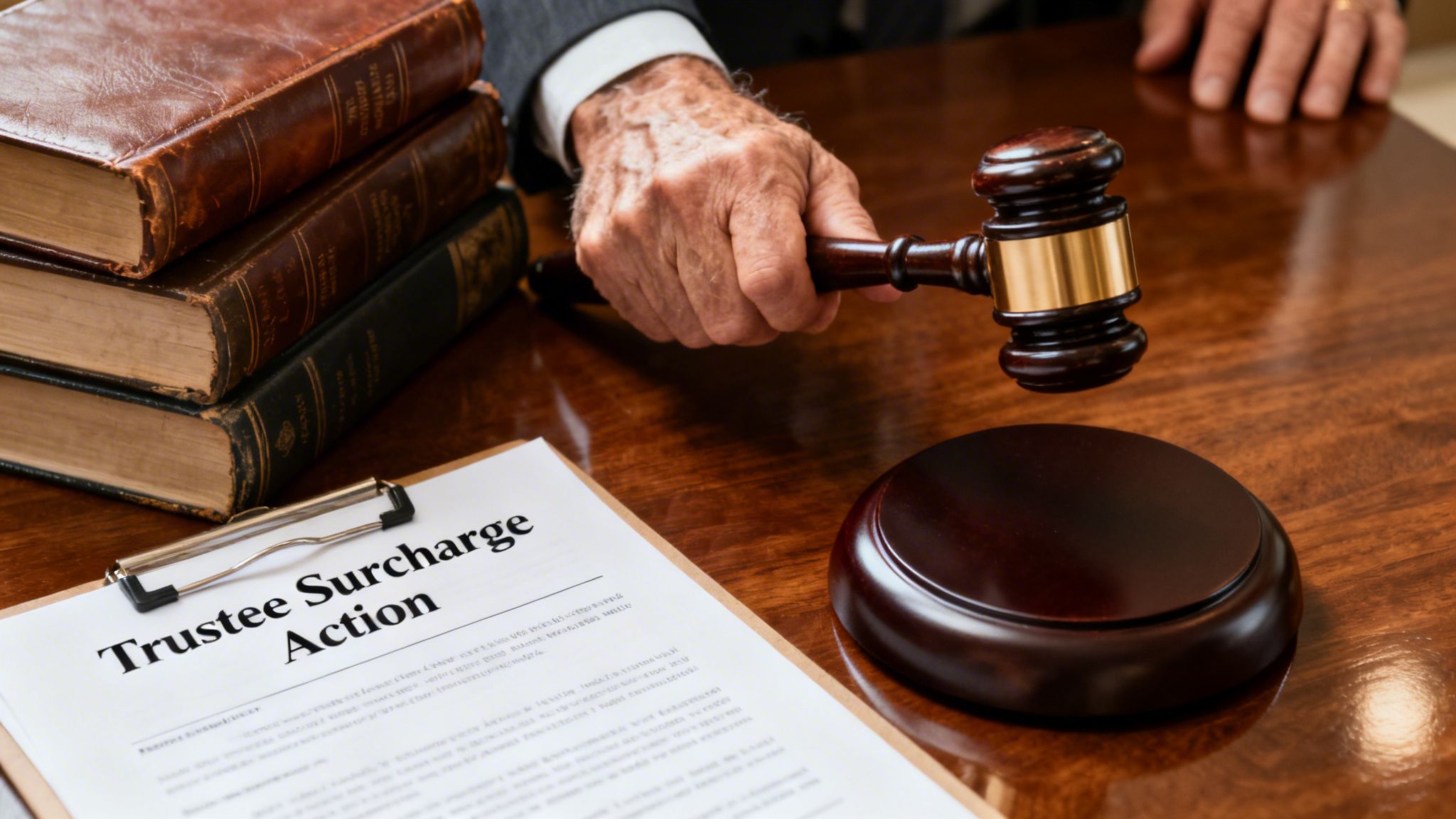 A judge holding a wooden gavel over a document titled Trustee Surcharge Action on a desk.