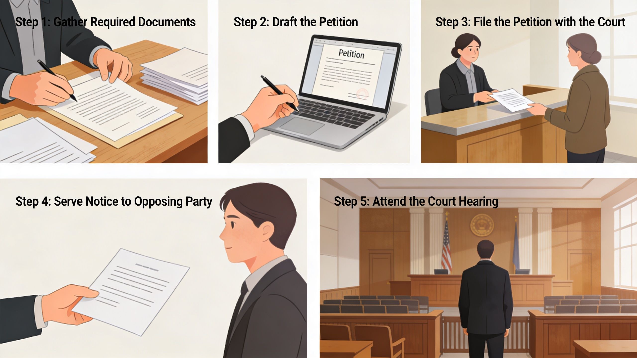 A five-step infographic illustration explaining the legal process for filing a formal court petition.