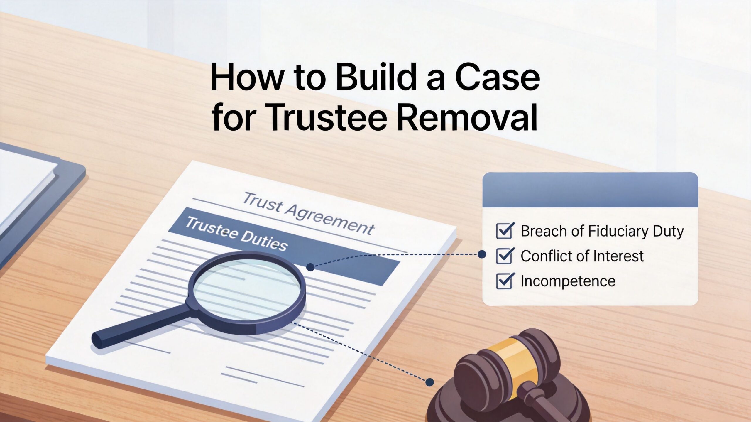 A magnifying glass resting on a legal trust agreement document with checkboxes for trustee removal reasons.