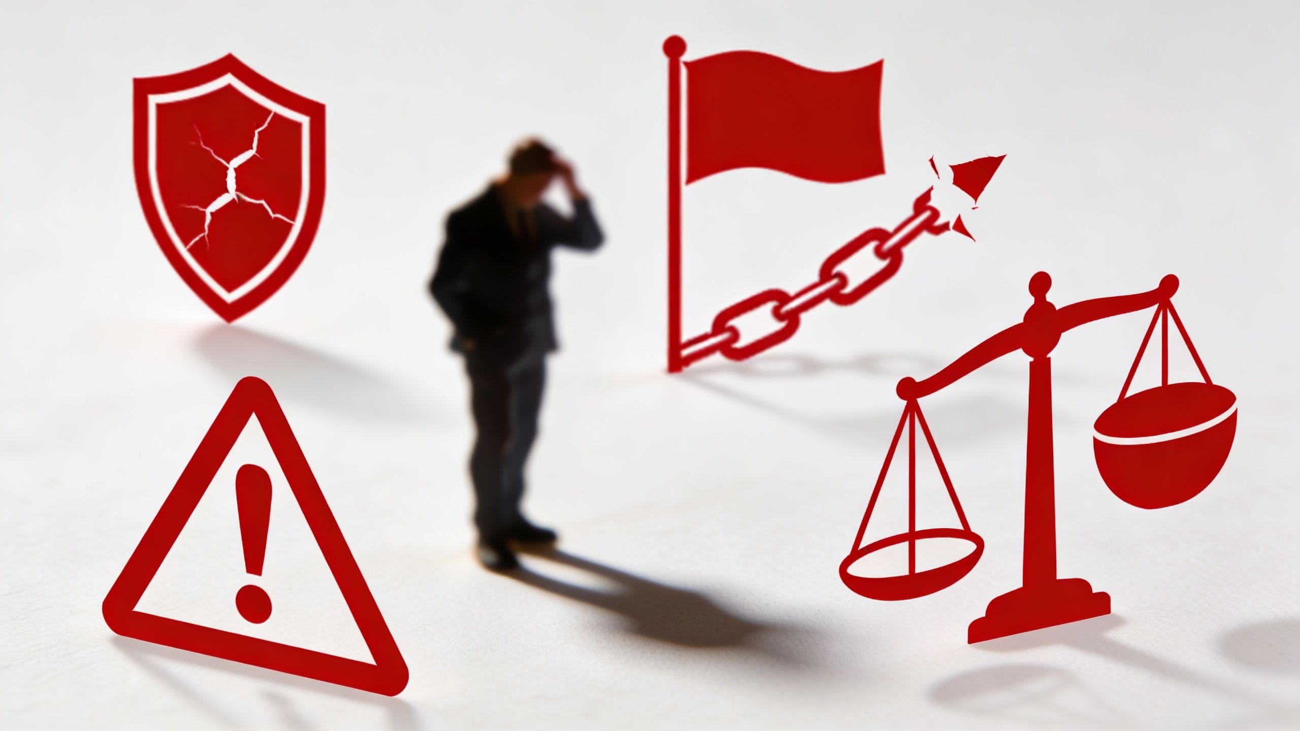 A miniature businessman stands distressed among symbols of legal risk, including a broken shield and scales.