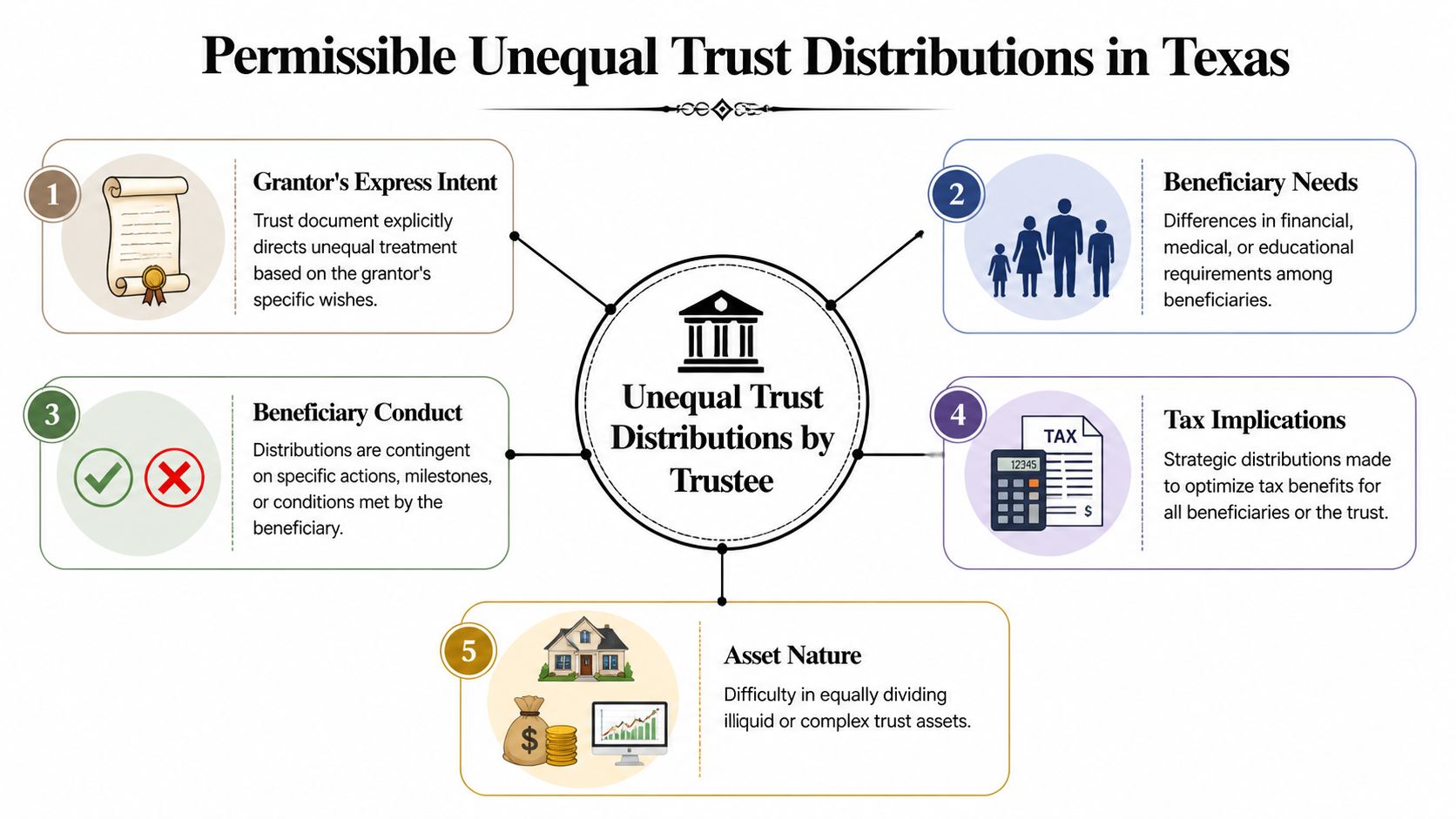 A diagram explaining five permissible reasons for unequal trust distributions by a trustee under Texas law.