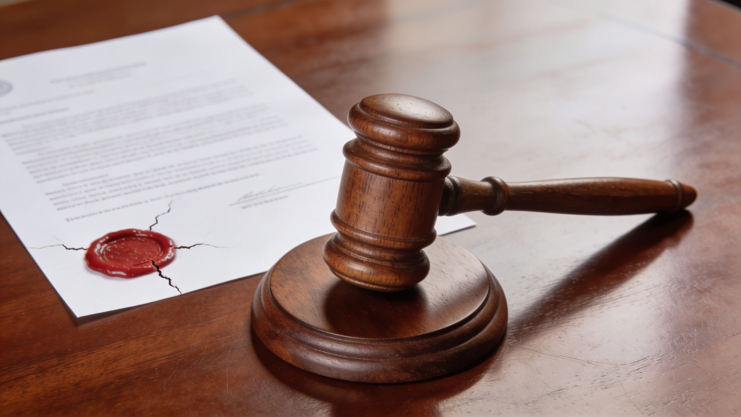 A wooden judge's gavel rests beside a legal document featuring a wax seal on a wooden desk.