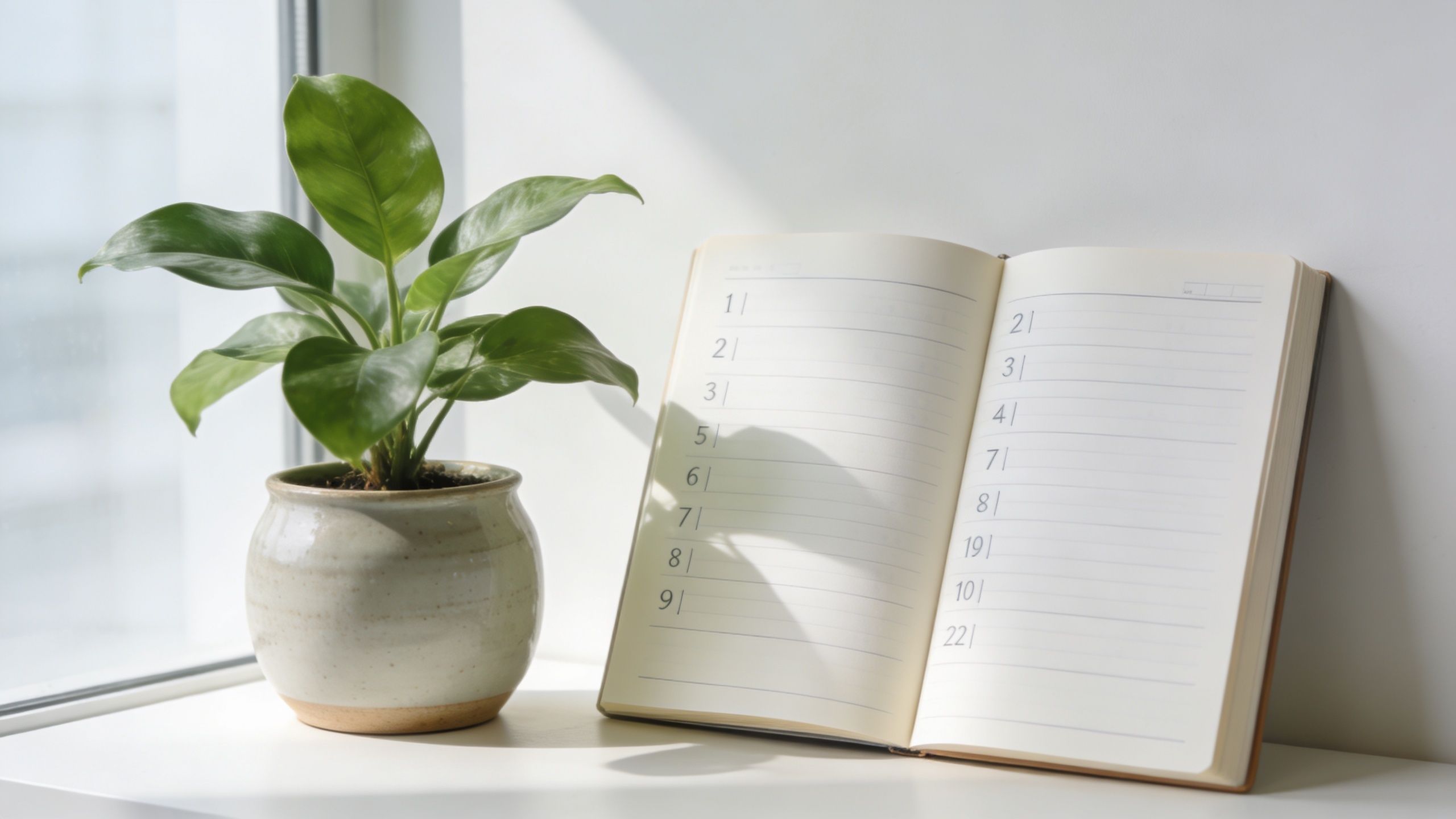 An open notebook with numbered lines next to a small potted green plant on a white surface.