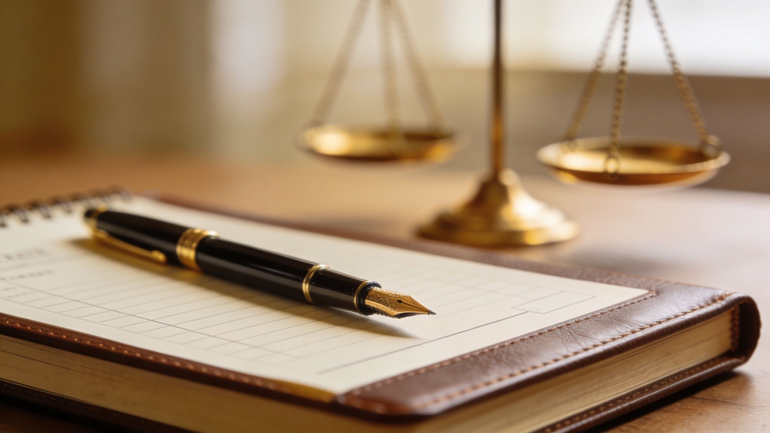 A fountain pen resting on a notepad with a gold scale of justice in the background.