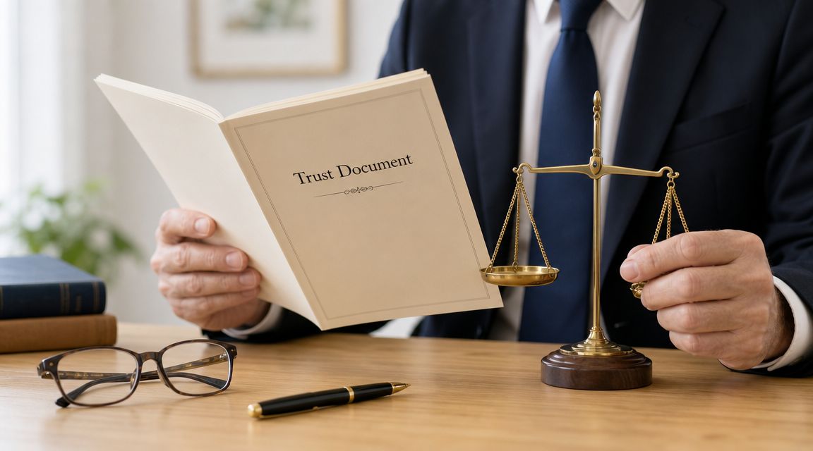 A professional in a suit holds a trust document next to a small brass scale of justice.