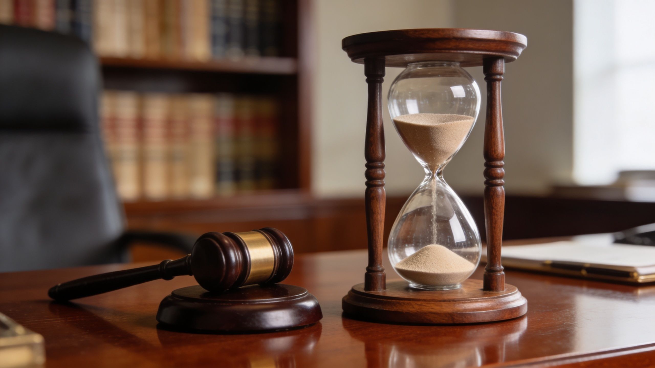 A wooden gavel and an hourglass sitting on a desk in a law office with books.