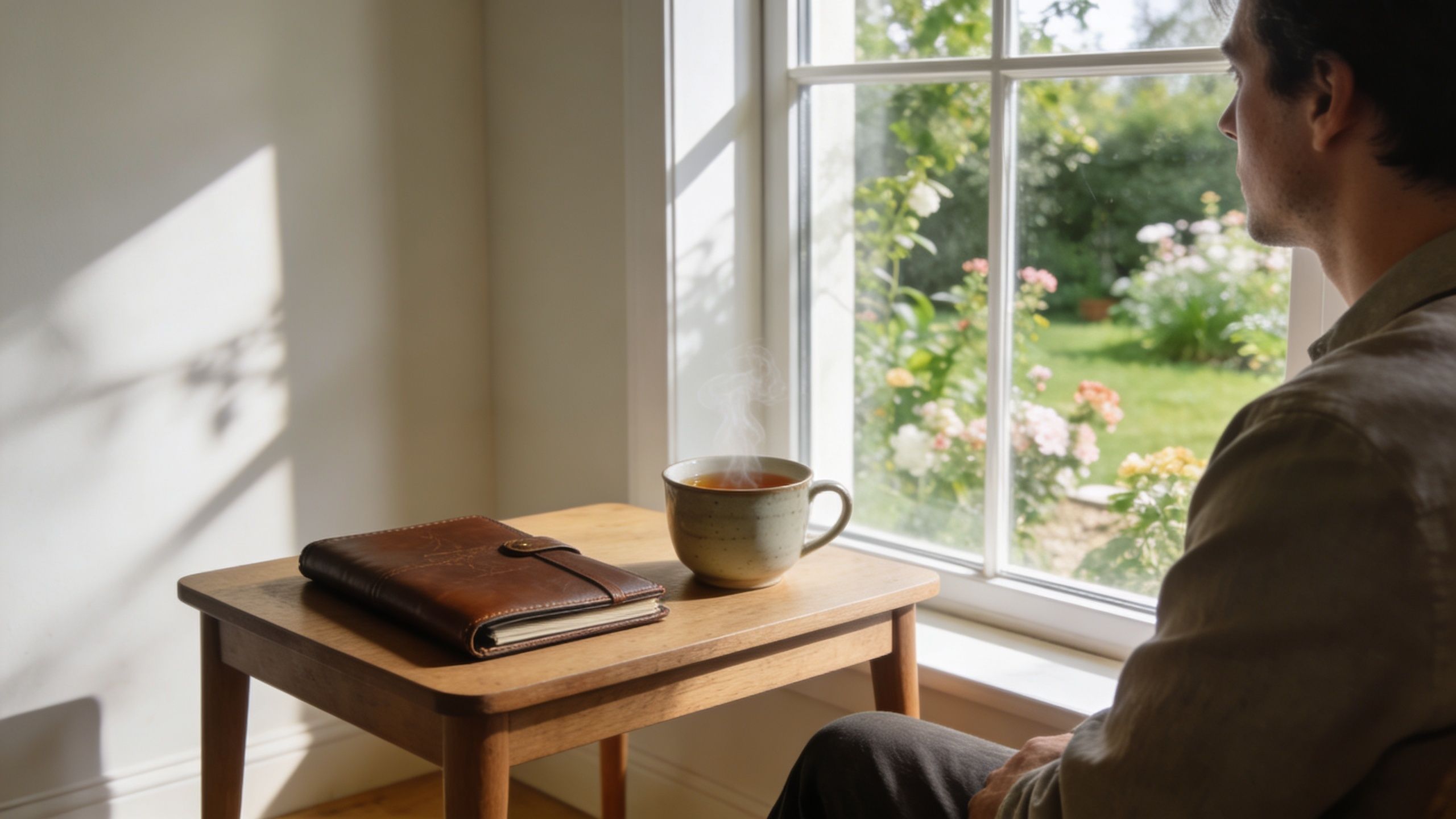 A man sits pensively by a window next to a steaming cup of tea and a leather-bound journal.