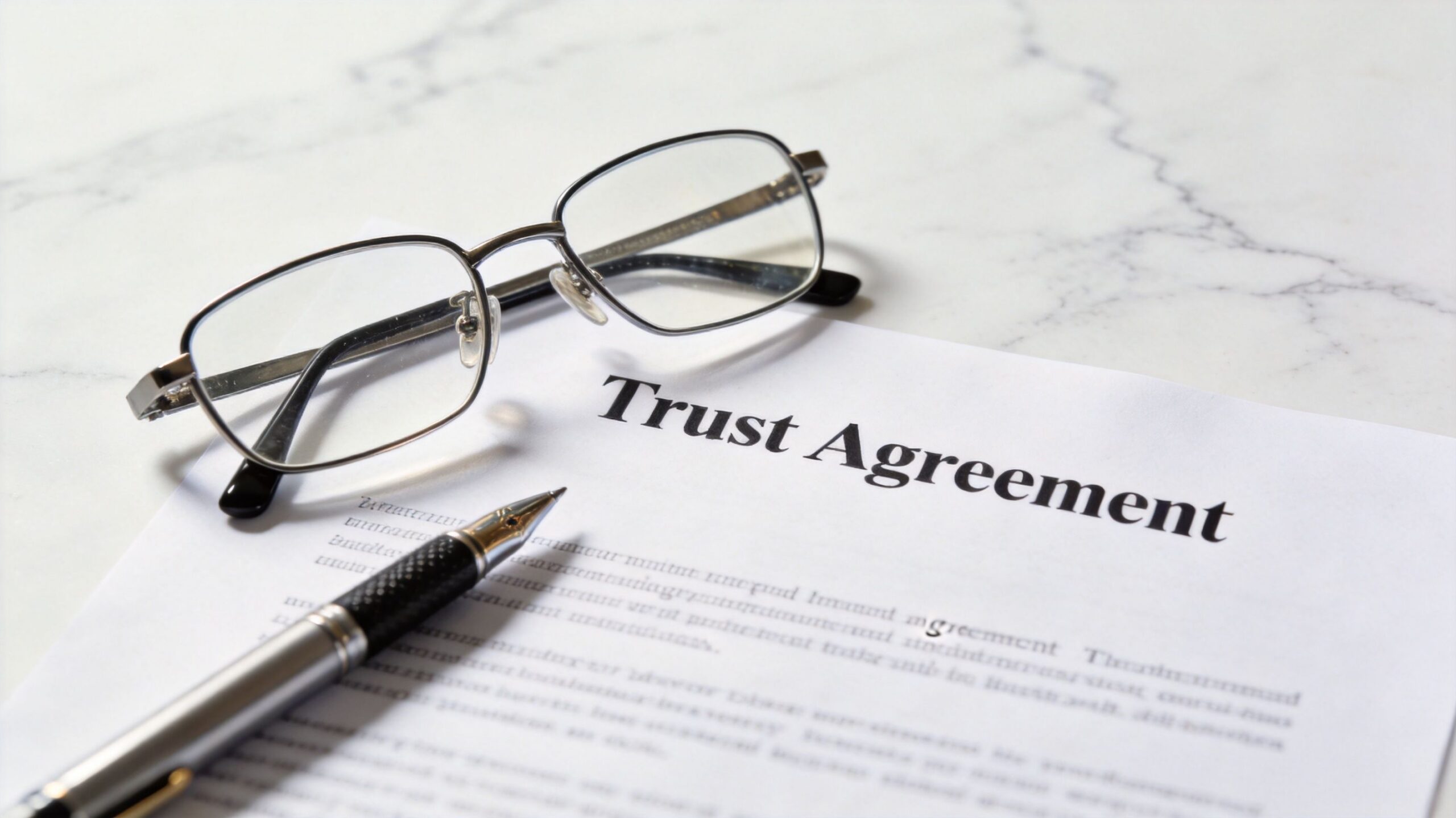 A document titled Trust Agreement resting on a desk with glasses and a professional pen for legal signing.