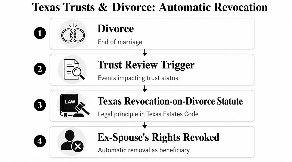 A flow chart explaining how a divorce in Texas automatically revokes an ex-spouse's rights to a trust.