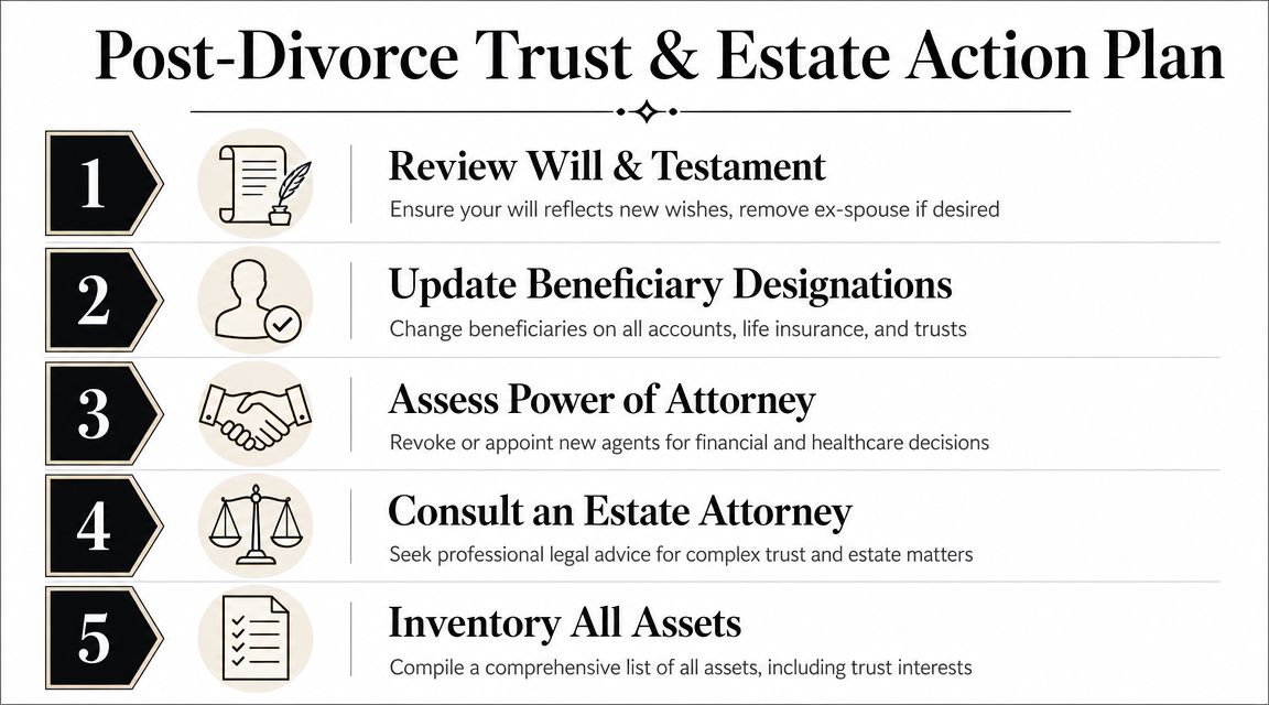 A five-step infographic outlining essential estate planning actions to take after going through a divorce.