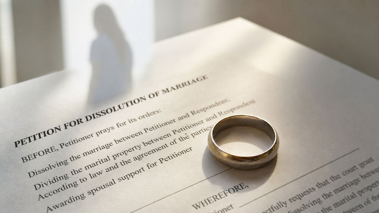 A wedding ring resting on a legal petition for dissolution of marriage document.
