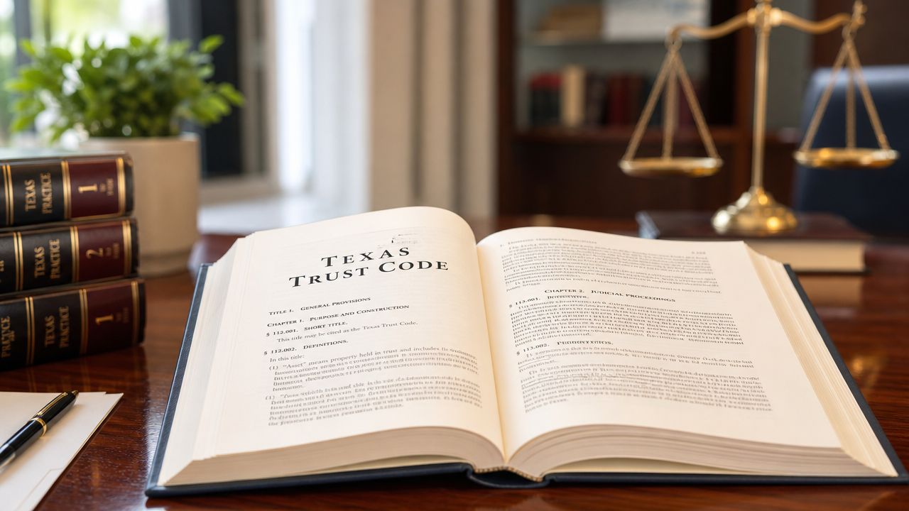 A copy of the Texas Trust Code law book resting on a wooden desk with a scale.