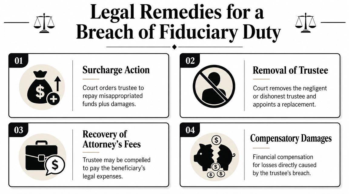 A visual guide outlining four legal remedies for breaches of fiduciary duty by a trustee.
