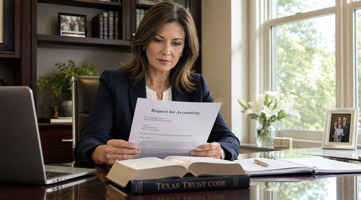A professional woman in a suit reviewing a Request for Accounting document at a desk with legal books.