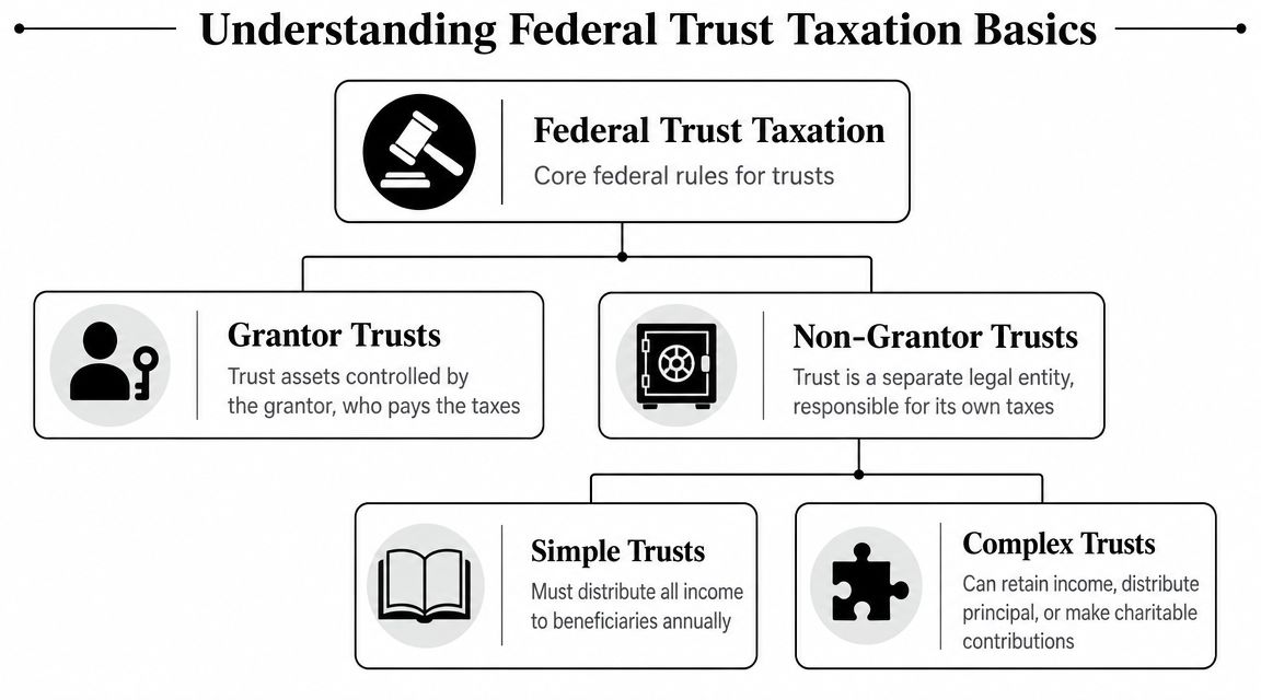 An organizational chart explaining the classification of trusts for federal tax purposes including grantor and non-grantor trusts.