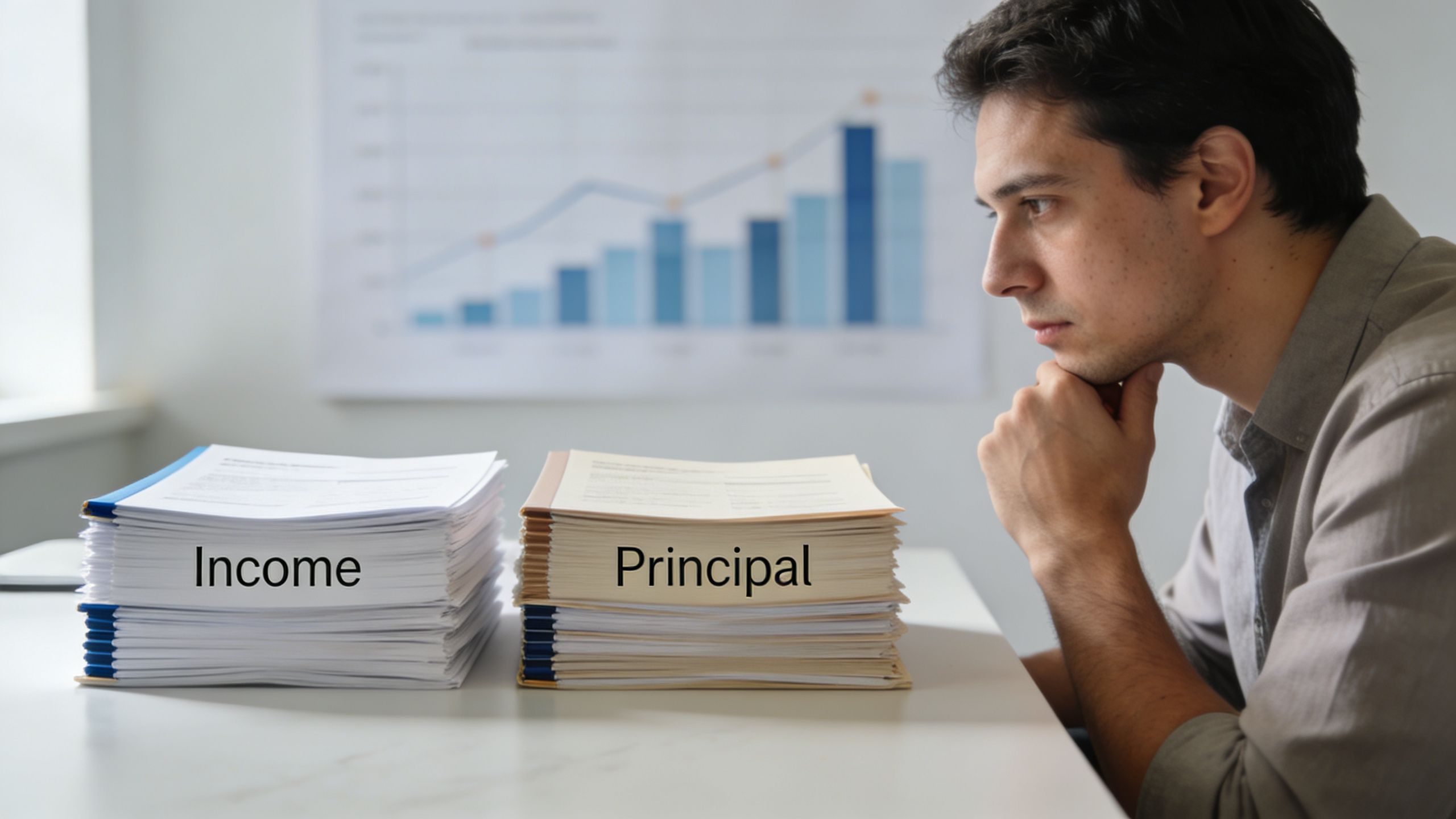 A man looking thoughtfully at two stacks of financial documents labeled Income and Principal on a desk.