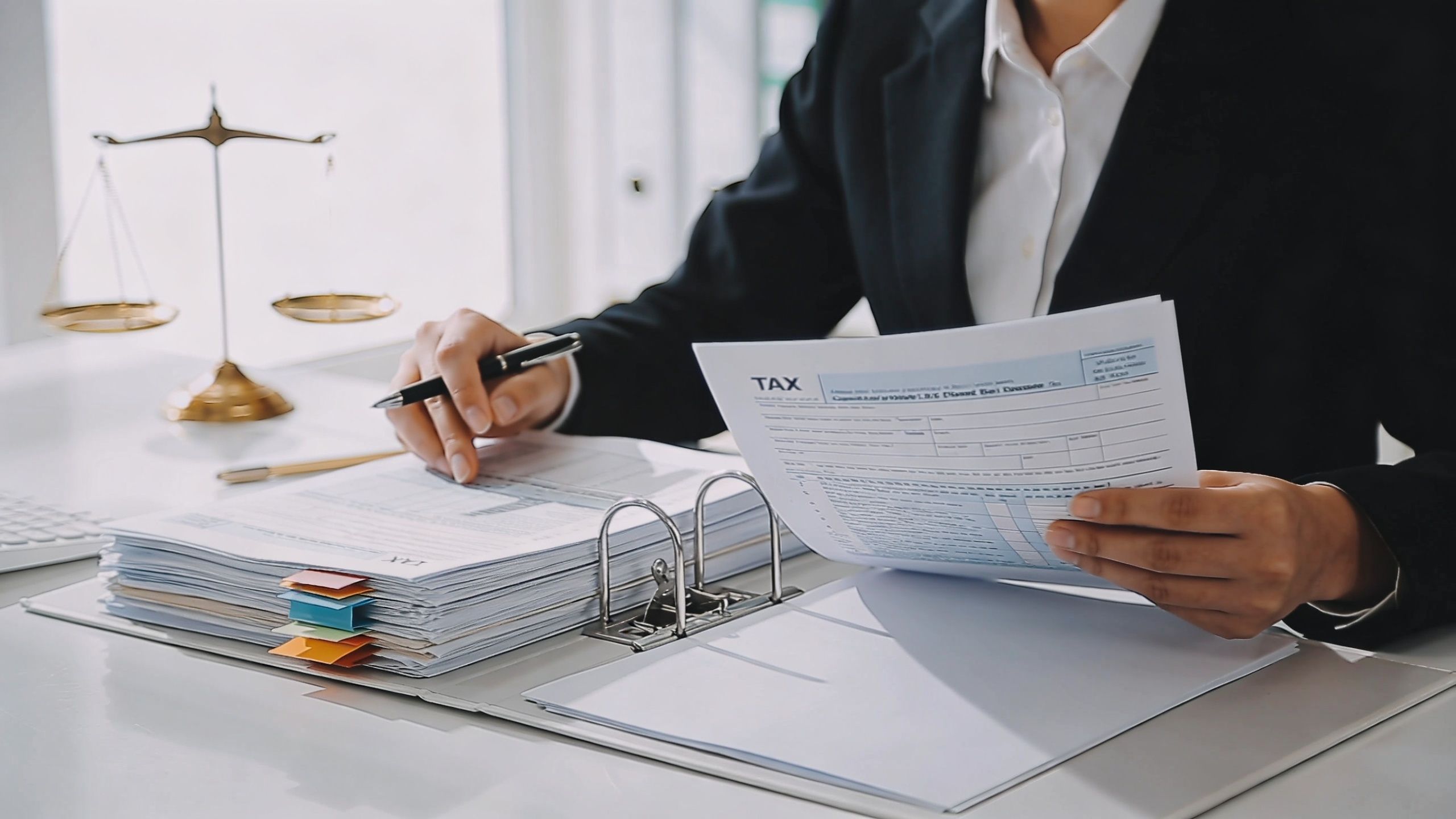 A professional accountant or tax lawyer reviewing legal documents and tax forms at a desk with scales.