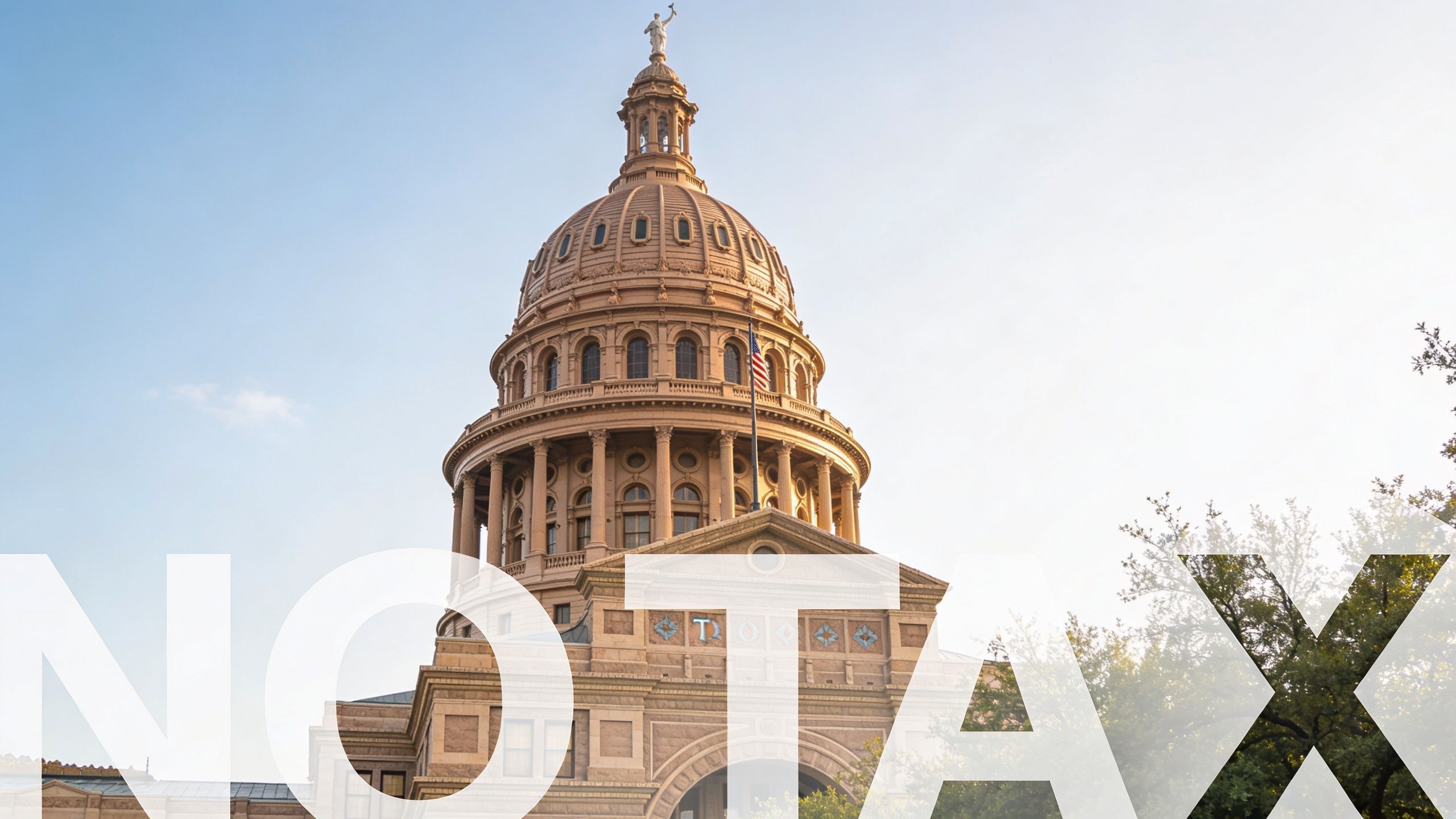 The Texas State Capitol building dome against a clear blue sky, overlaid with large white text.