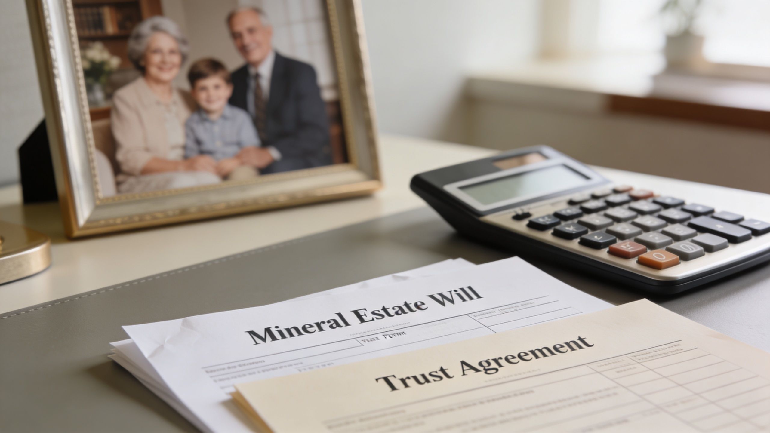 A document titled Mineral Estate Will and a Trust Agreement on a desk near a family photograph.