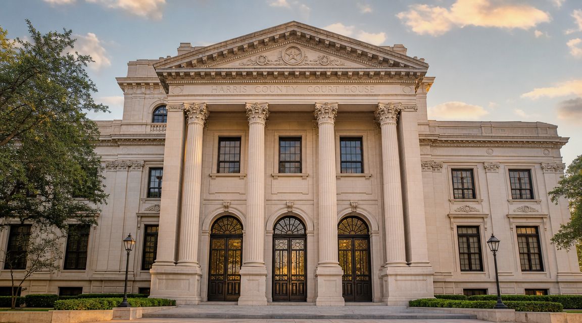 The historic Harris County Courthouse in Texas with classical columns and arches at sunset.
