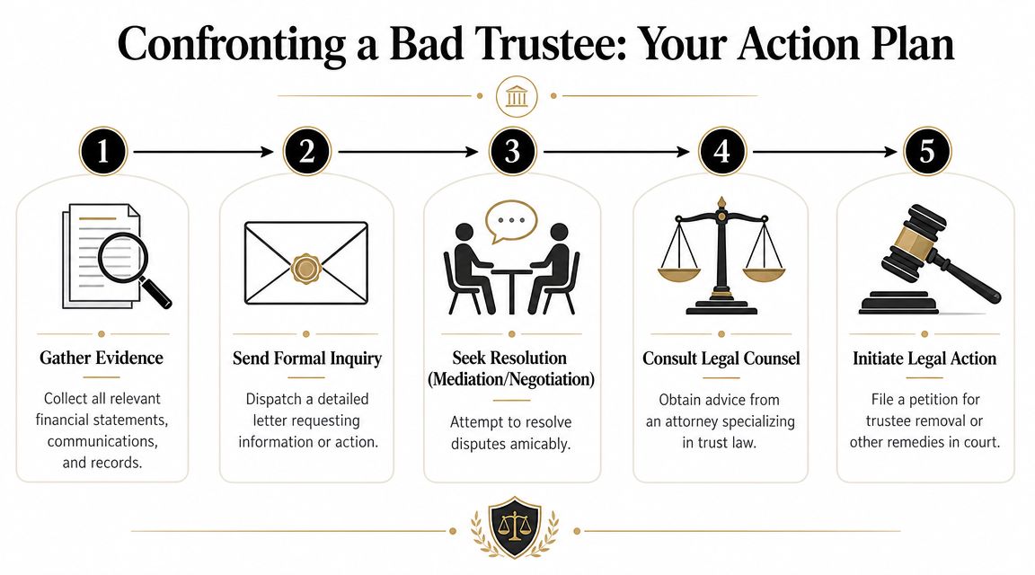 A five-step action plan infographic for confronting a bad trustee, featuring legal guidance icons.
